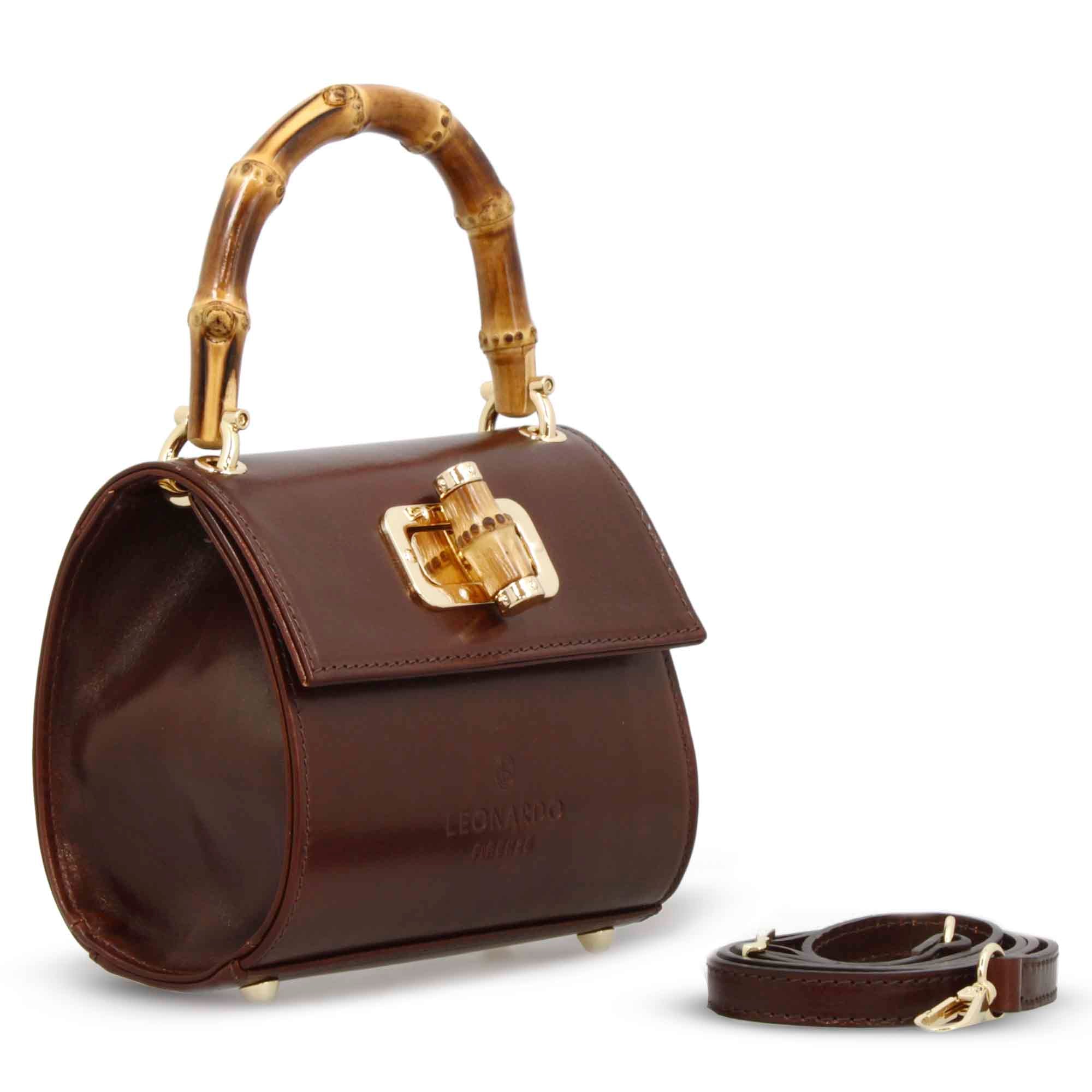 Borsa a mano artigianale da donna in pelle marrone scuro con manico bambù - Image 2