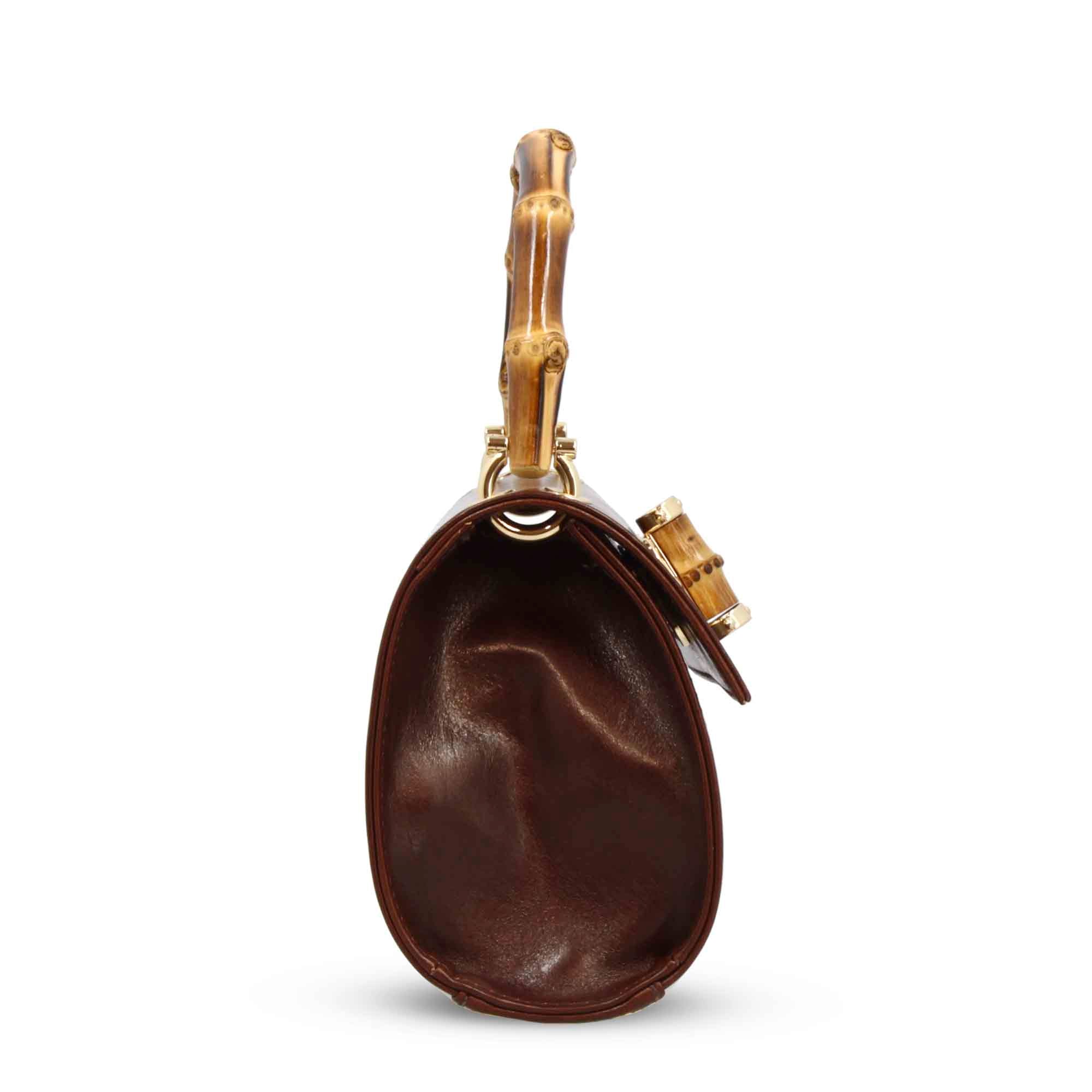 Borsa a mano artigianale da donna in pelle marrone scuro con manico bambù - Image 3