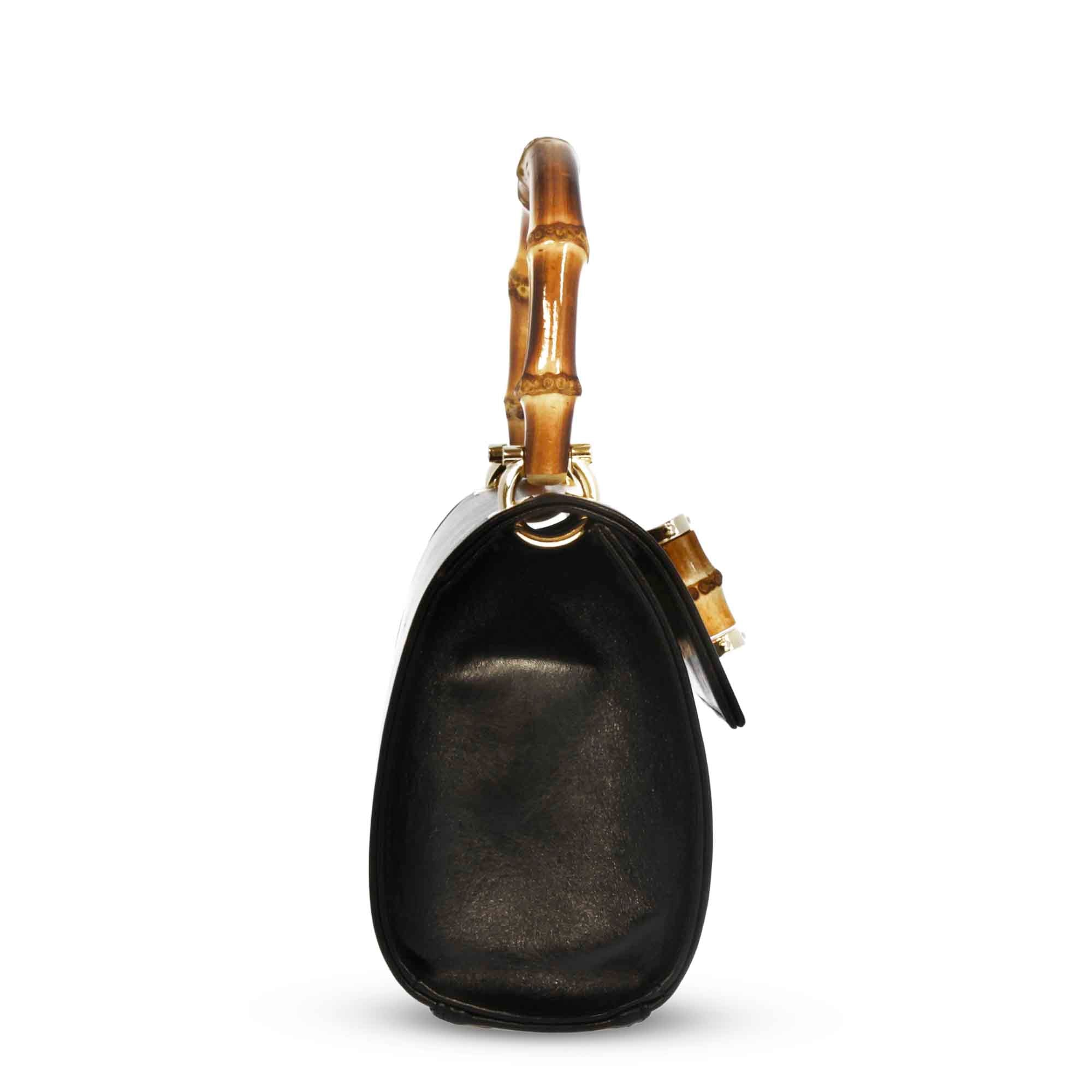 Borsa a mano artigianale da donna in pelle nera con manico bambù - Image 2