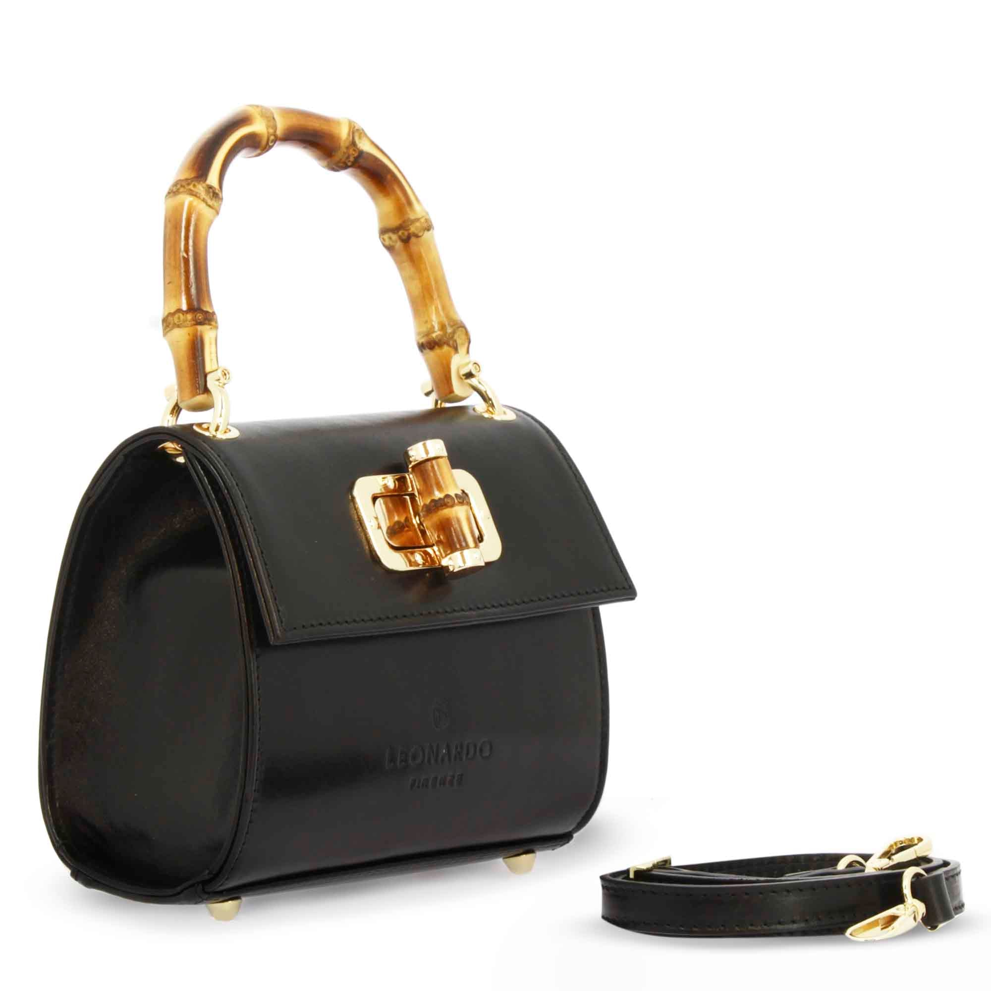 Borsa a mano artigianale da donna in pelle nera con manico bambù - Image 3