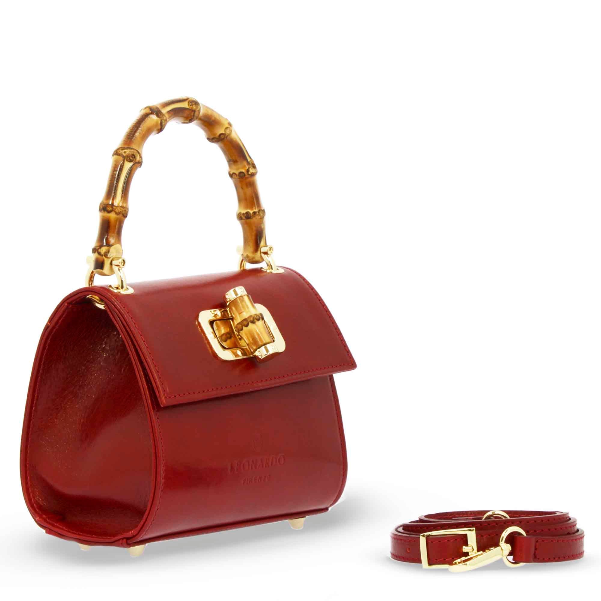 Borsa a mano artigianale da donna in pelle rossa con manico bambù - Image 2