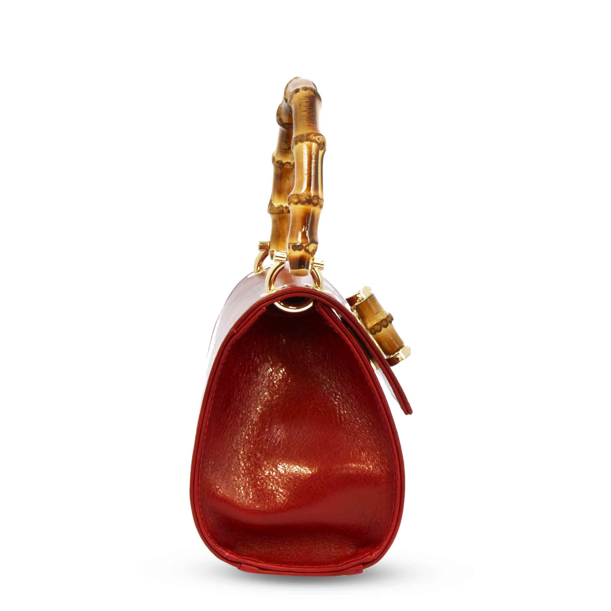 Borsa a mano artigianale da donna in pelle rossa con manico bambù - Image 3