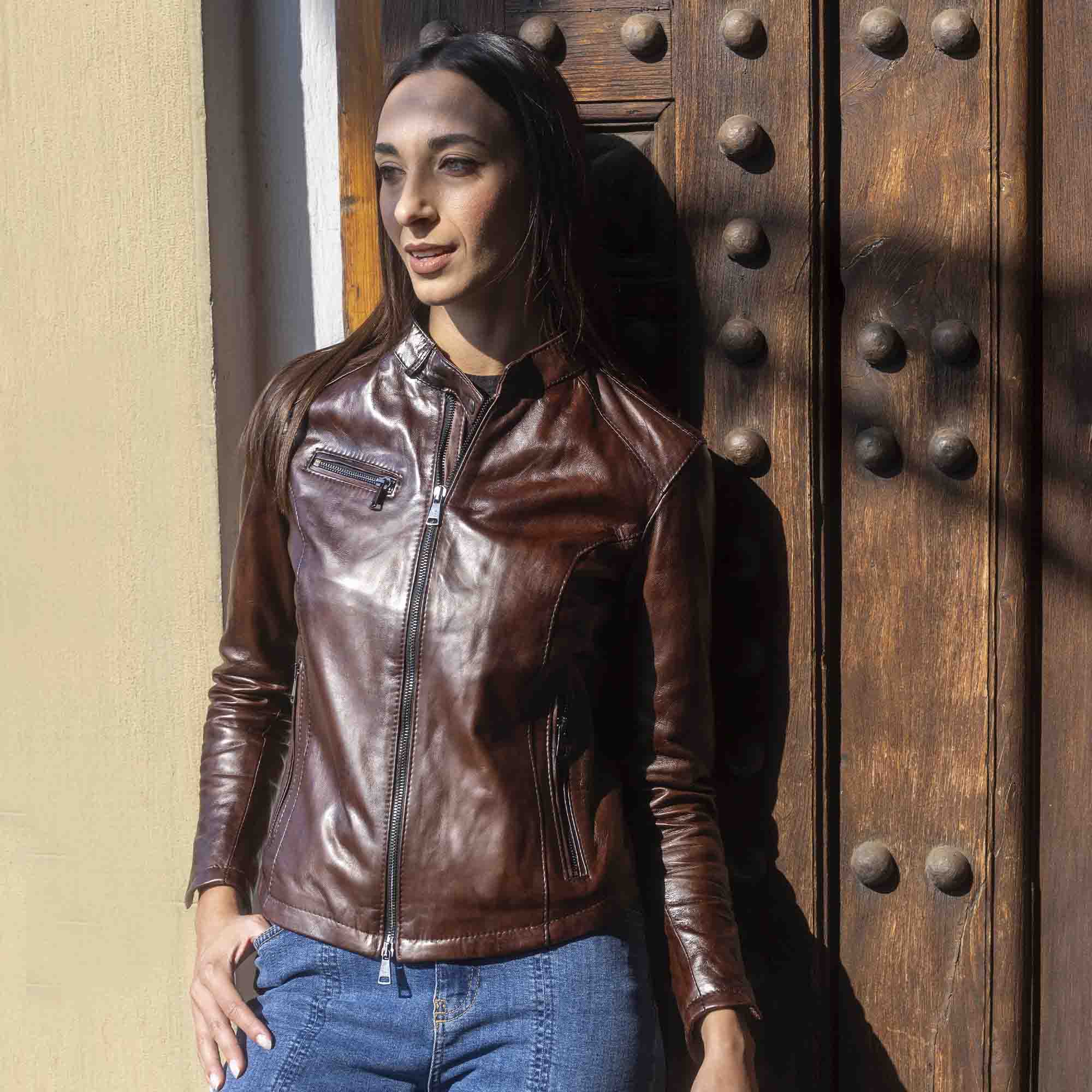 Giacca da donna in pelle alta qualità marrone conciata al vegetale - Image 3