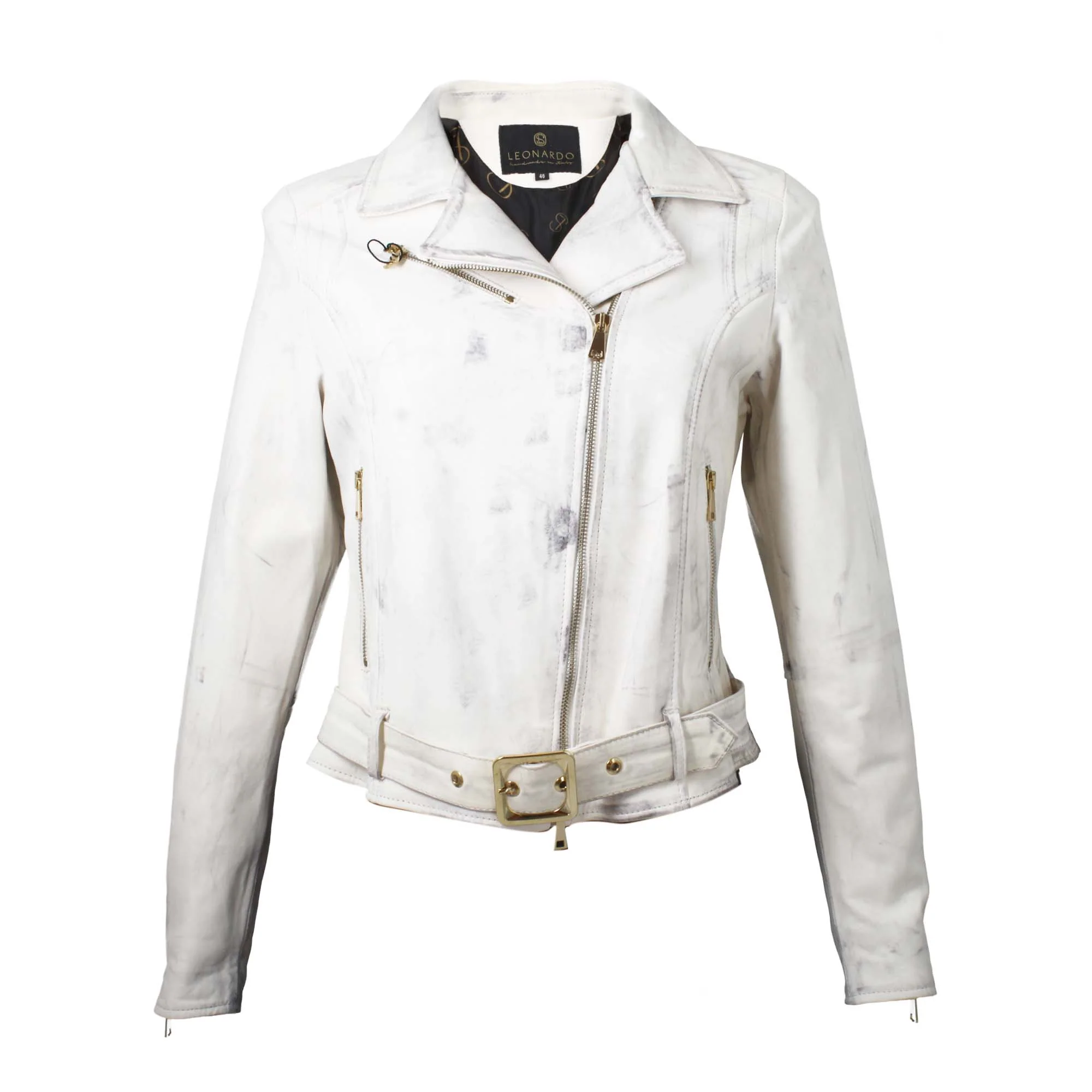 Giacca da donna in pelle bianco maculato con doppio petto