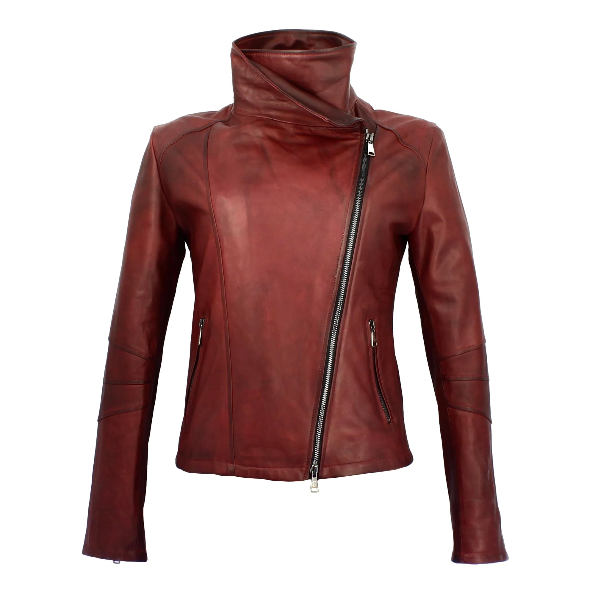 Giacca da donna in pelle bordeaux collo alto e doppio petto