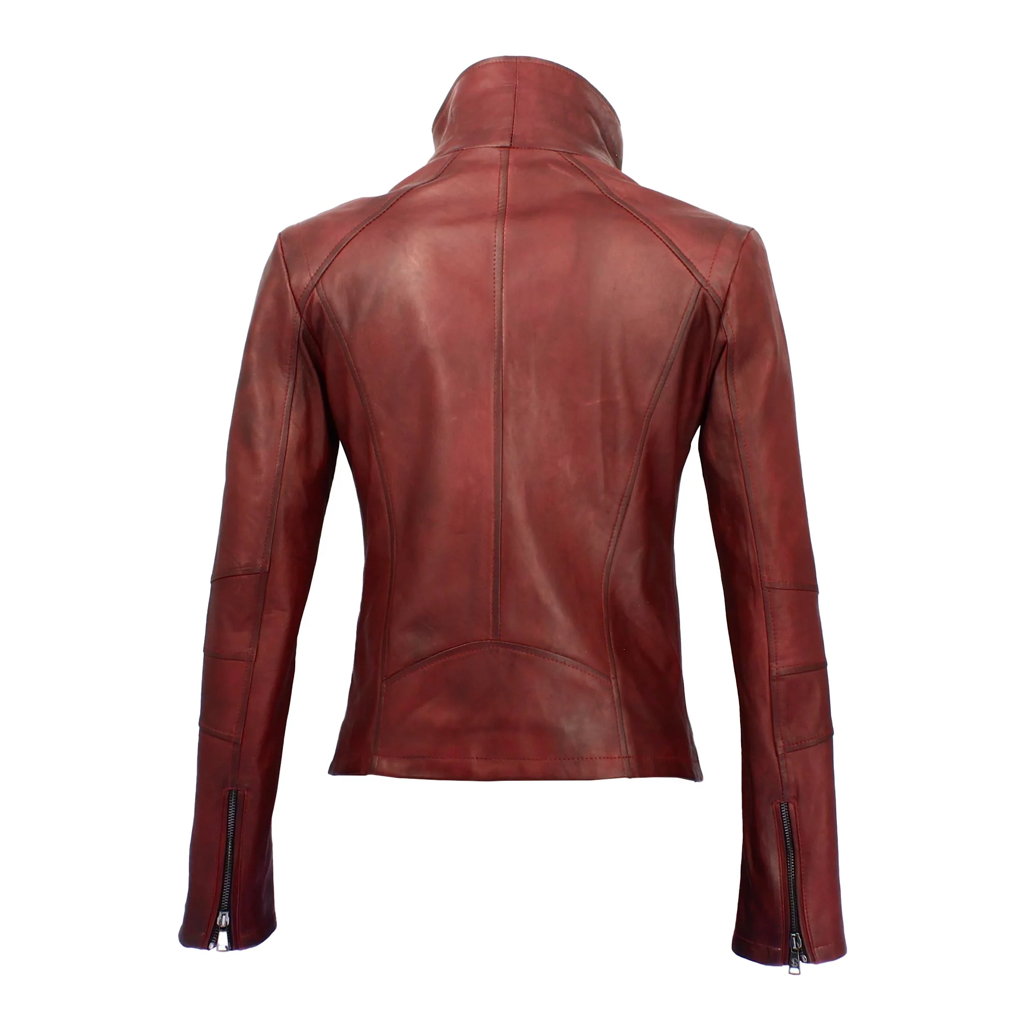 Giacca da donna in pelle bordeaux collo alto e doppio petto - Image 6
