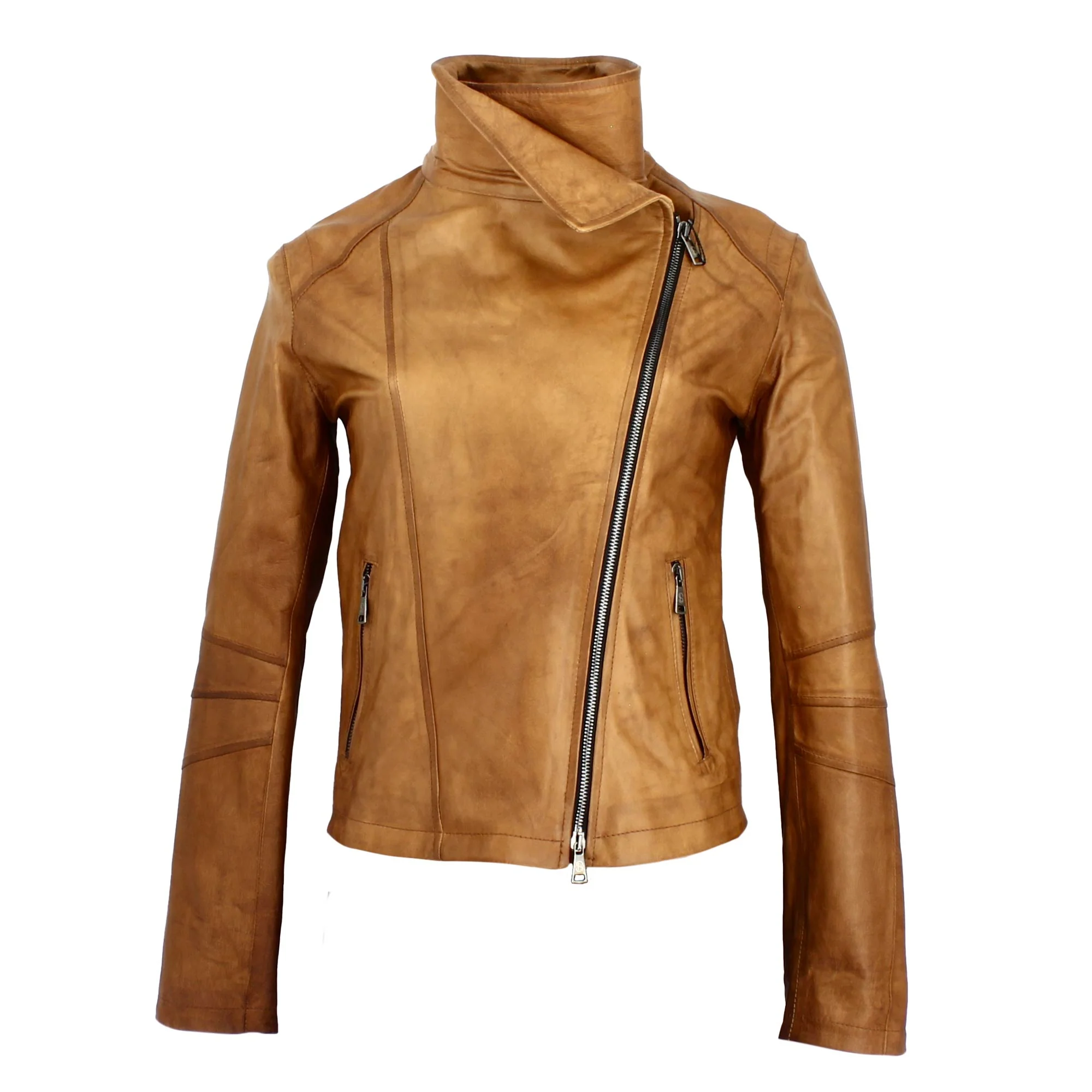 Giacca da donna in pelle marrone collo alto e doppio petto
