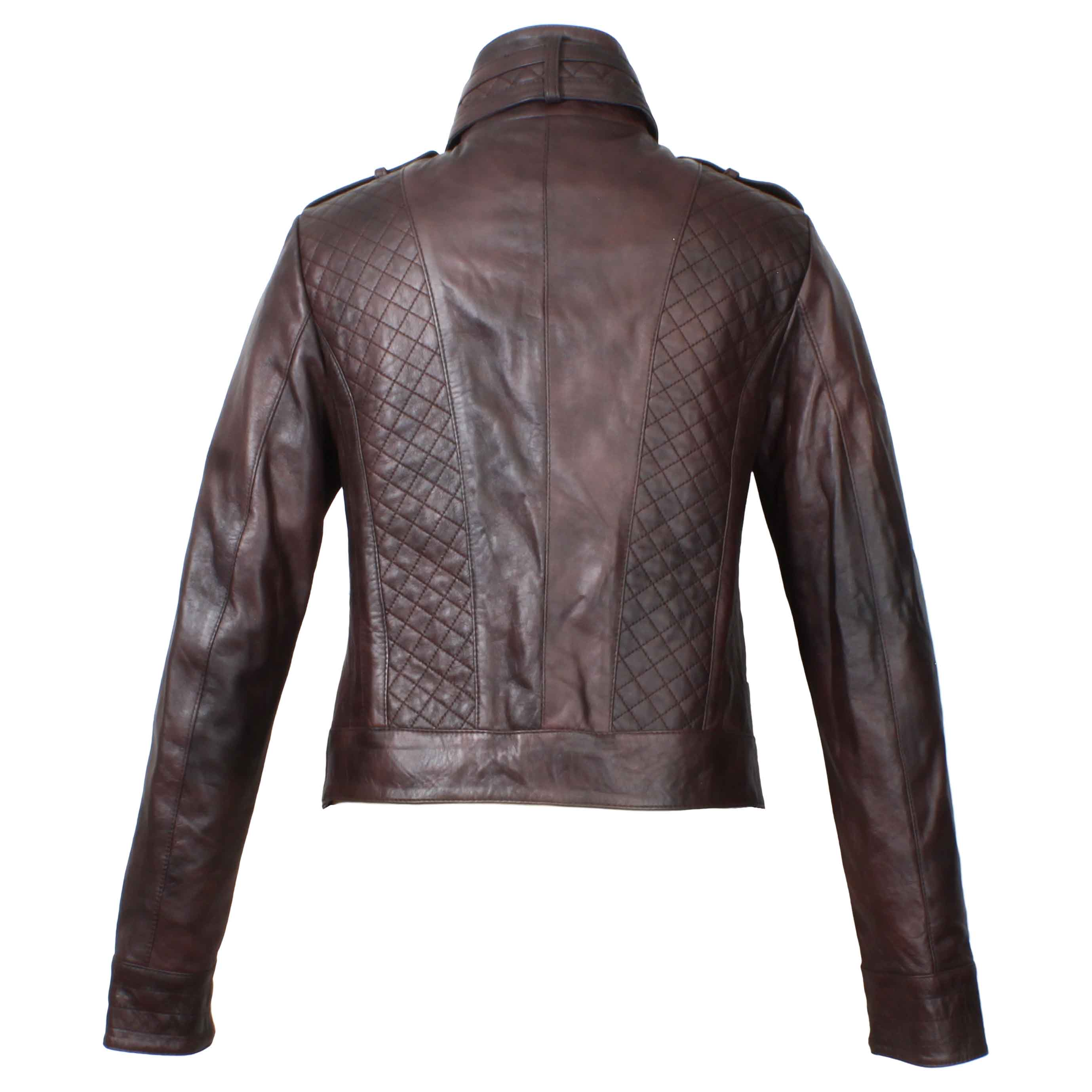 Giacca da donna in pelle marrone scuro con dettagli trapuntati - Image 3