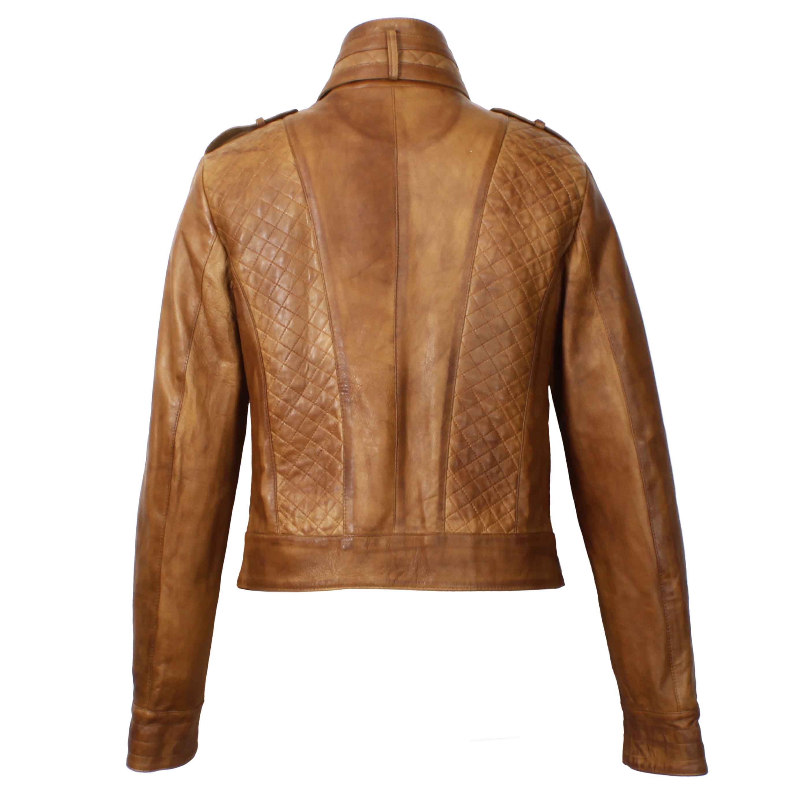 Giacca da donna in pelle marrone con dettagli trapuntati - Image 3