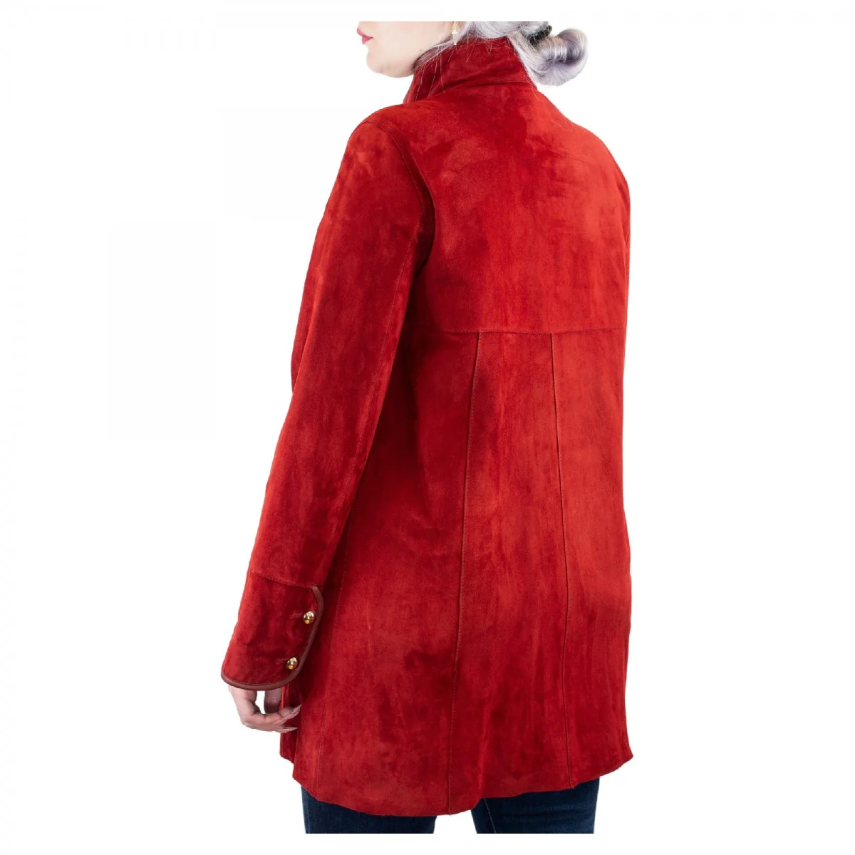 Giacca elegante reversibile Abois da donna fatta a mano in pelle di renna rossa con bottoni - Image 3