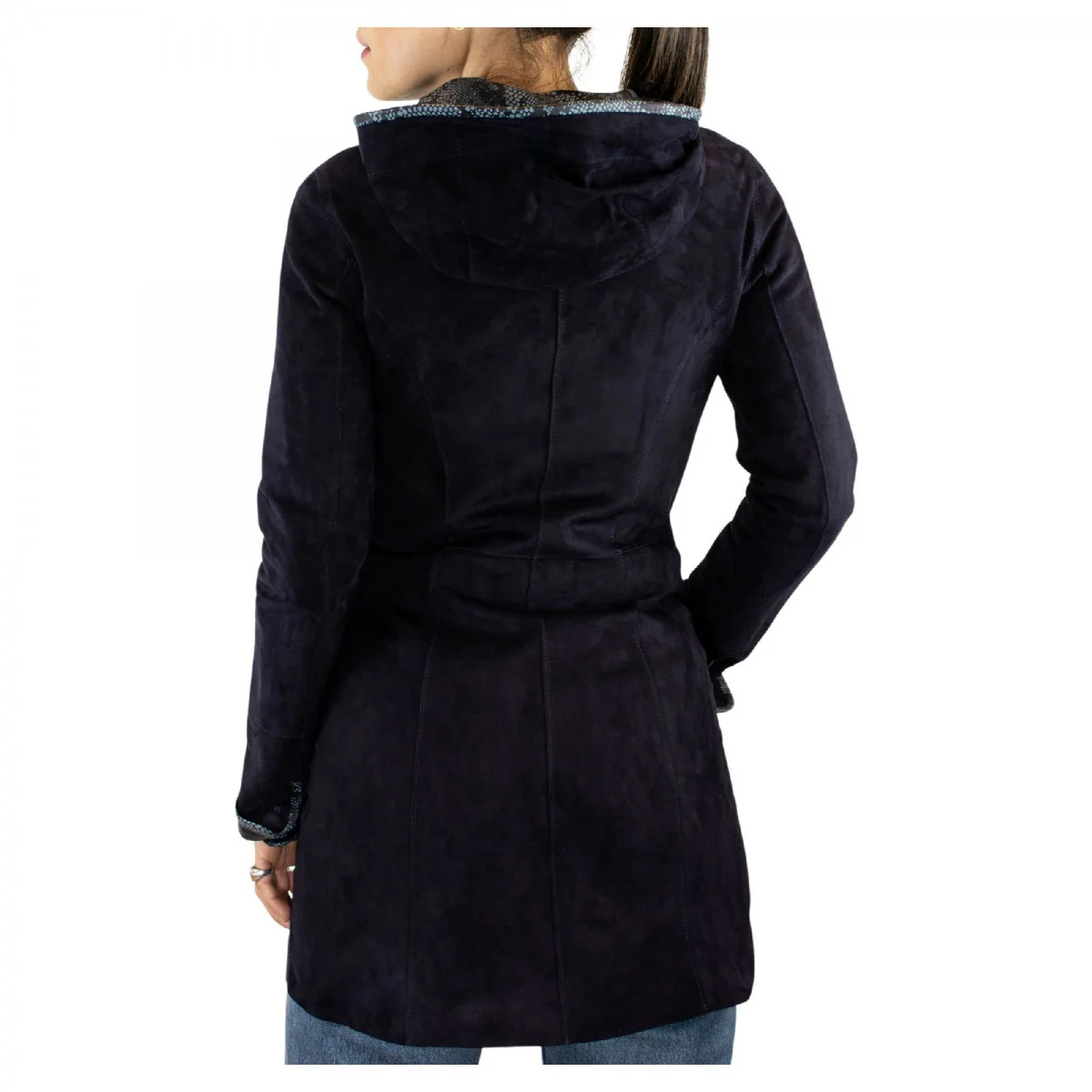 Giacca elegante reversibile da donna fatta a mano in pelle di renna e agnello blu con cappuccio - Image 3