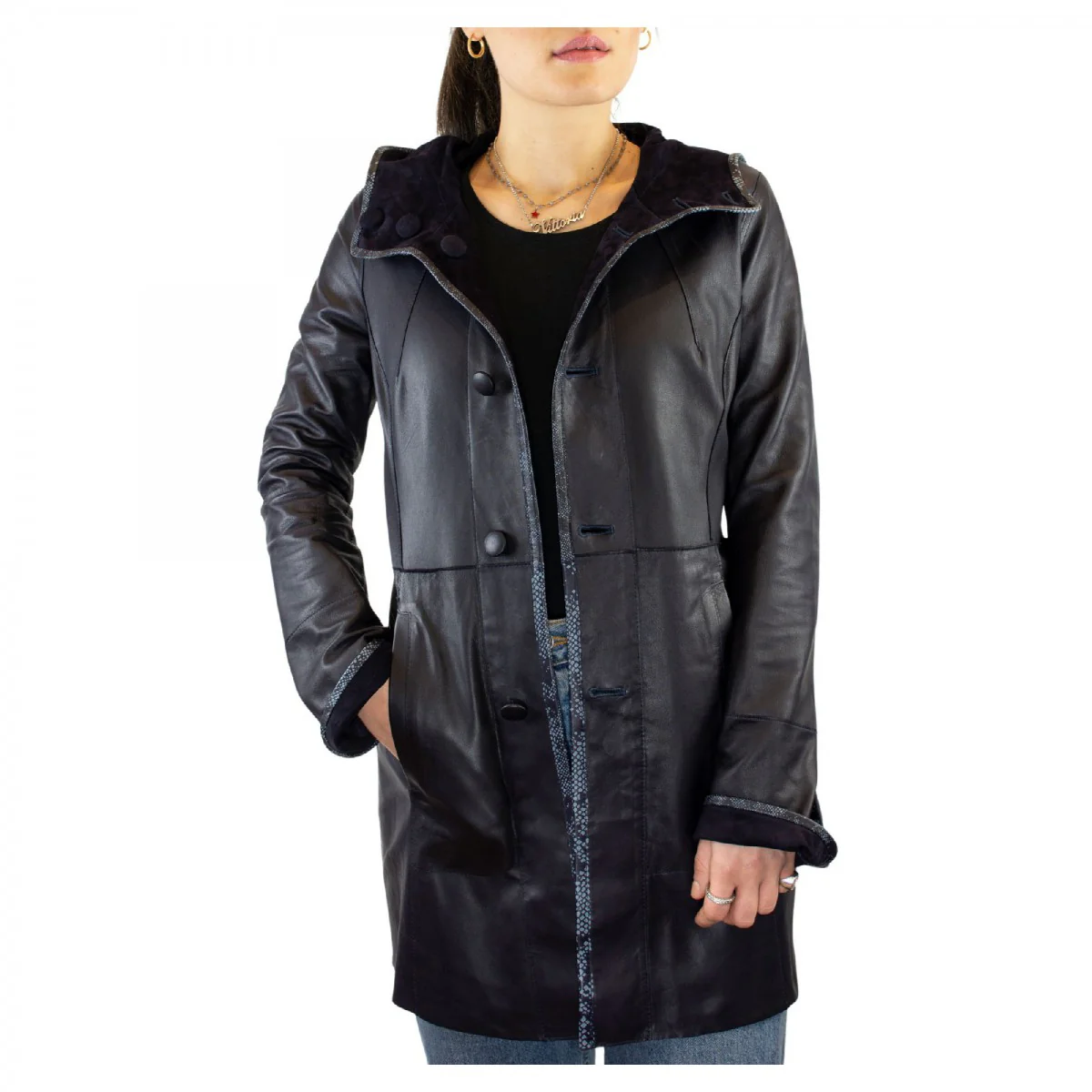 Giacca elegante reversibile da donna fatta a mano in pelle di renna e agnello blu con cappuccio - Image 4