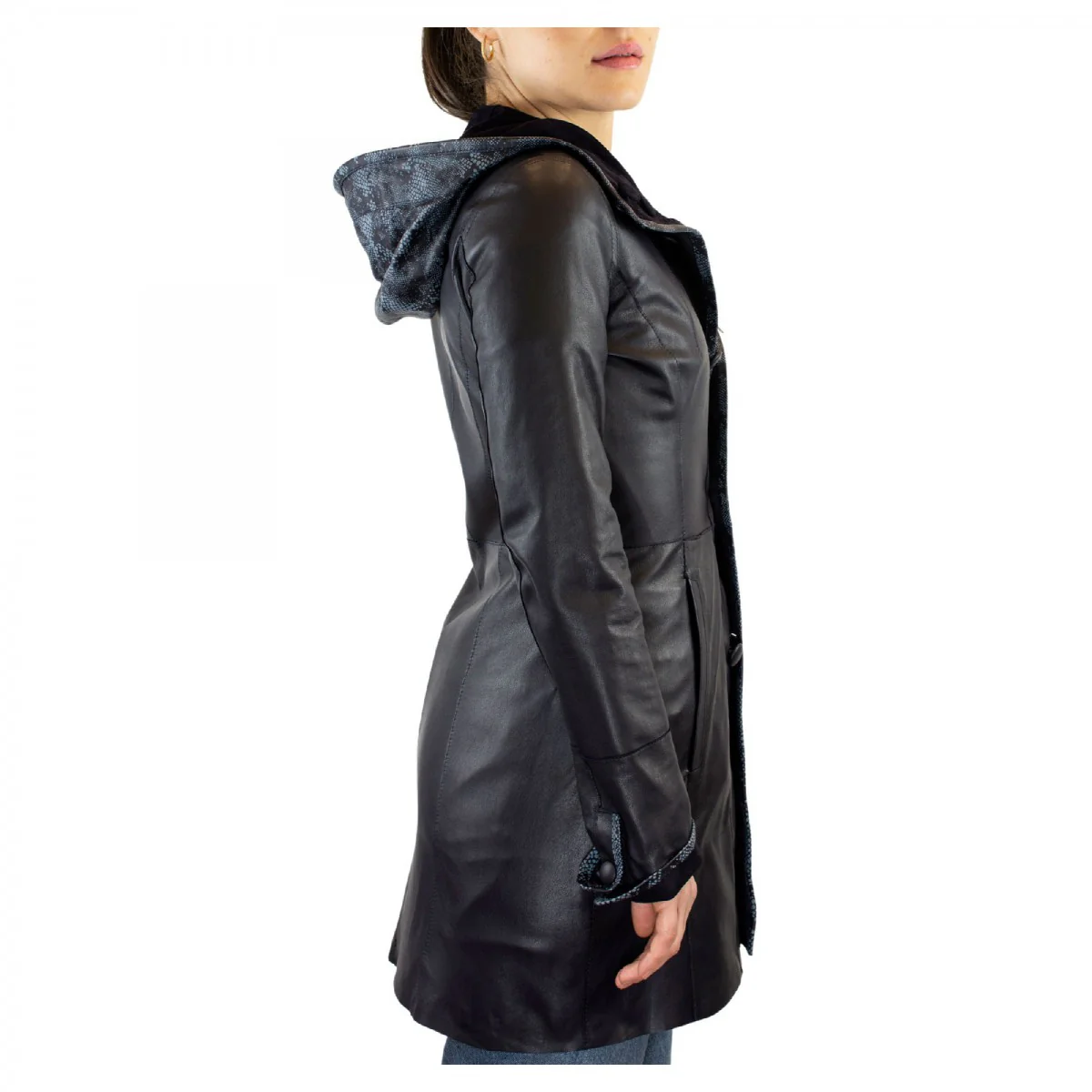 Giacca elegante reversibile da donna fatta a mano in pelle di renna e agnello blu con cappuccio - Image 5