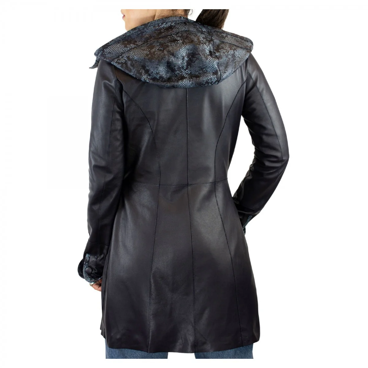 Giacca elegante reversibile da donna fatta a mano in pelle di renna e agnello blu con cappuccio - Image 6