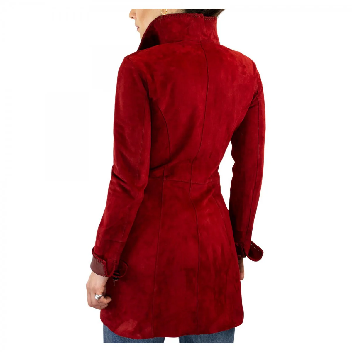 Giacca elegante reversibile da donna fatta a mano in pelle di renna e agnello rossa con bottoni - Image 3