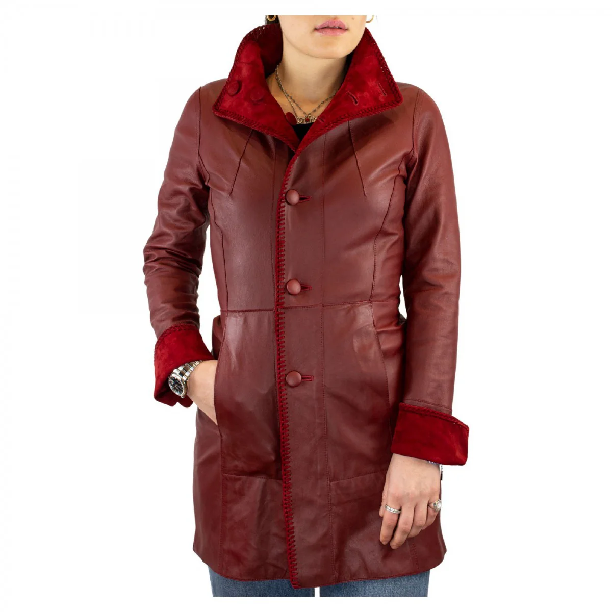 Giacca elegante reversibile da donna fatta a mano in pelle di renna e agnello rossa con bottoni - Image 4