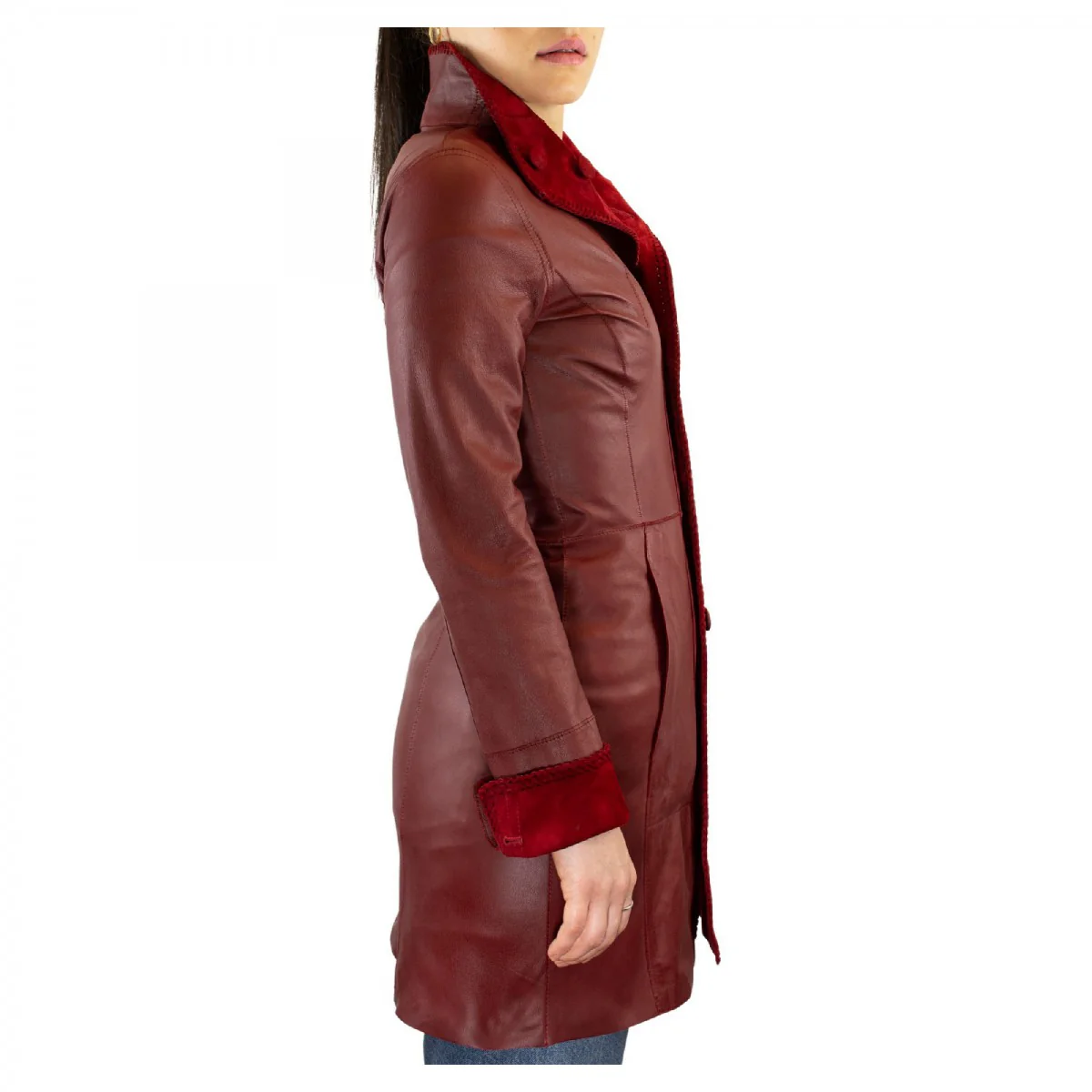 Giacca elegante reversibile da donna fatta a mano in pelle di renna e agnello rossa con bottoni - Image 5