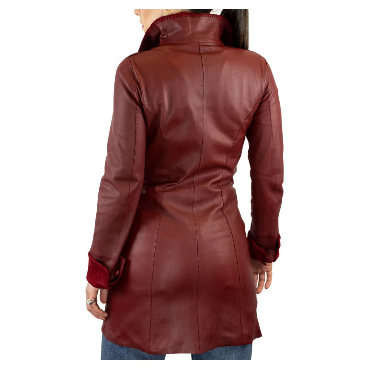 Giacca elegante reversibile da donna fatta a mano in pelle di renna e agnello rossa con bottoni - Image 6