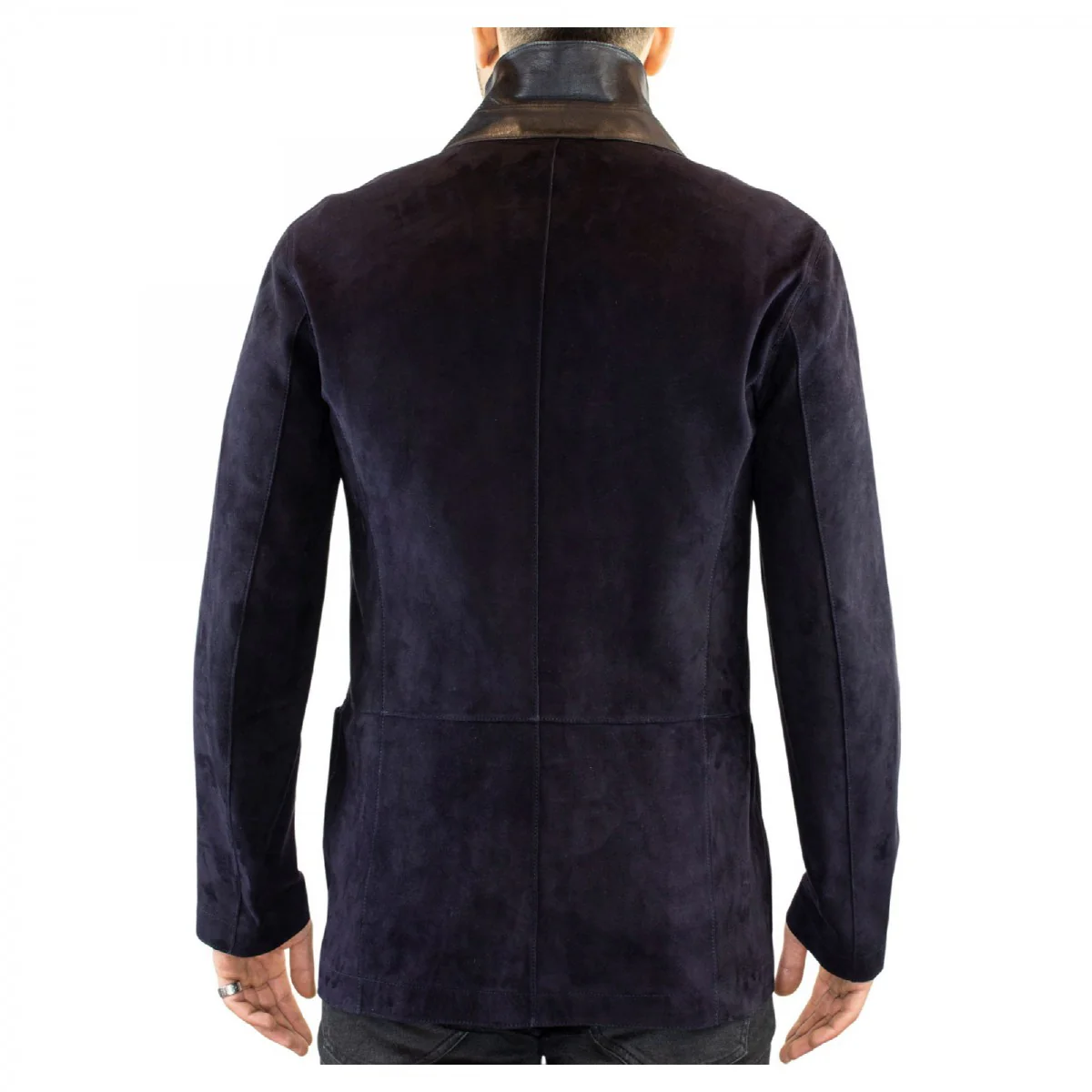Giacca elegante reversibile da uomo fatta a mano in pelle di renna e agnello blu con bottoni - Image 3