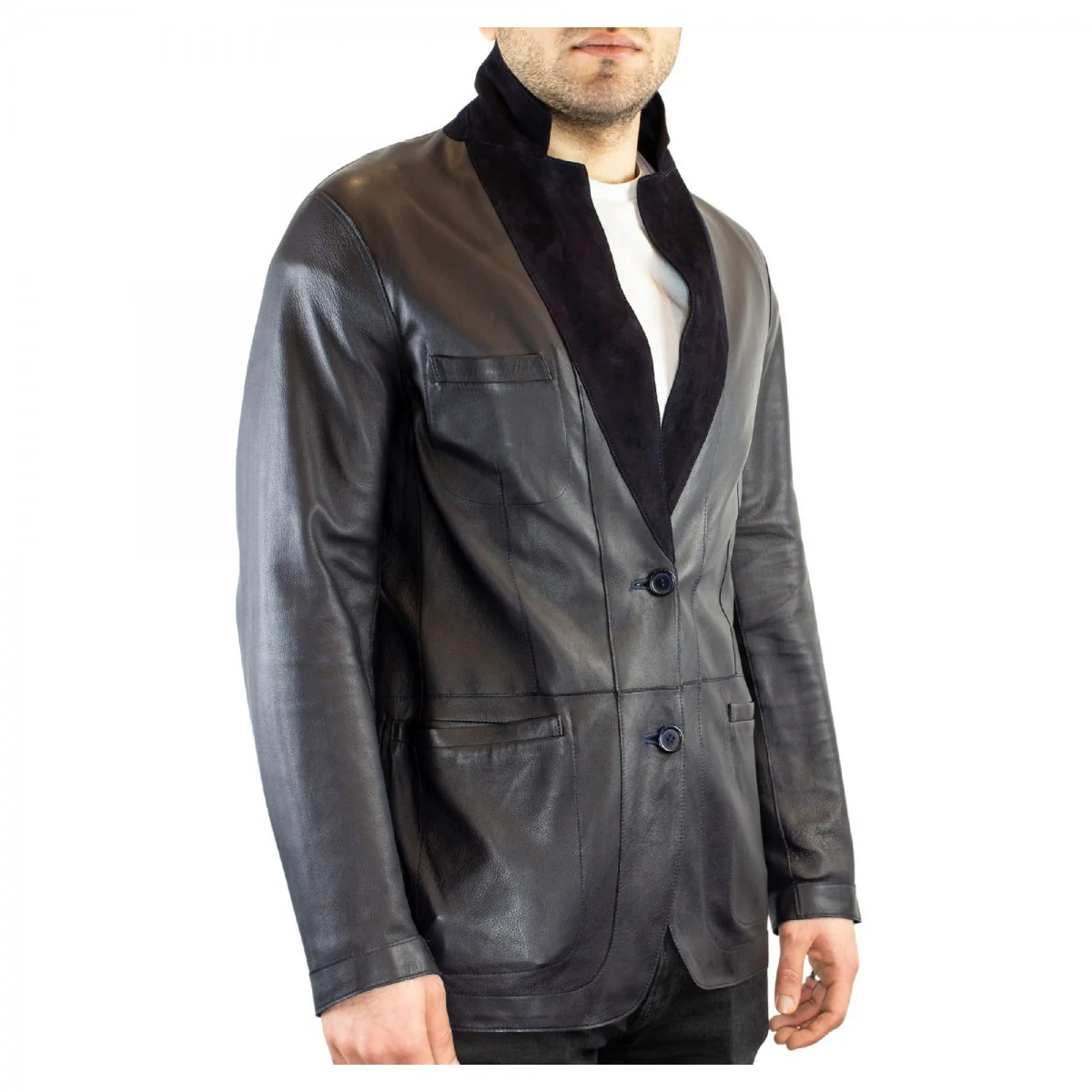 Giacca elegante reversibile da uomo fatta a mano in pelle di renna e agnello blu con bottoni - Image 4