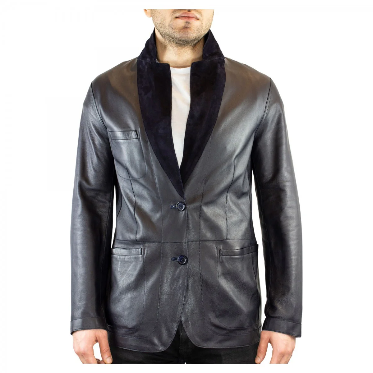 Giacca elegante reversibile da uomo fatta a mano in pelle di renna e agnello blu con bottoni - Image 5