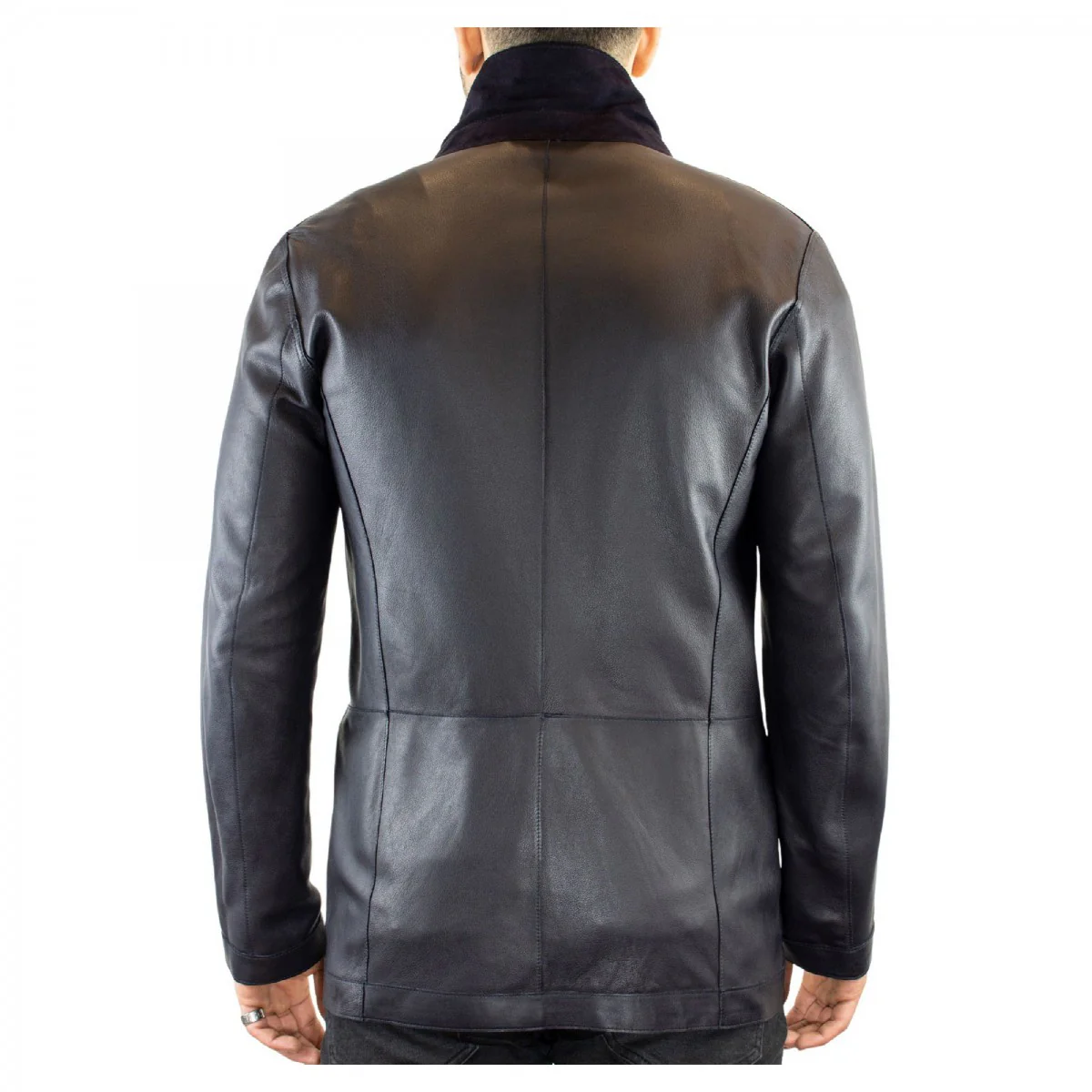Giacca elegante reversibile da uomo fatta a mano in pelle di renna e agnello blu con bottoni - Image 6