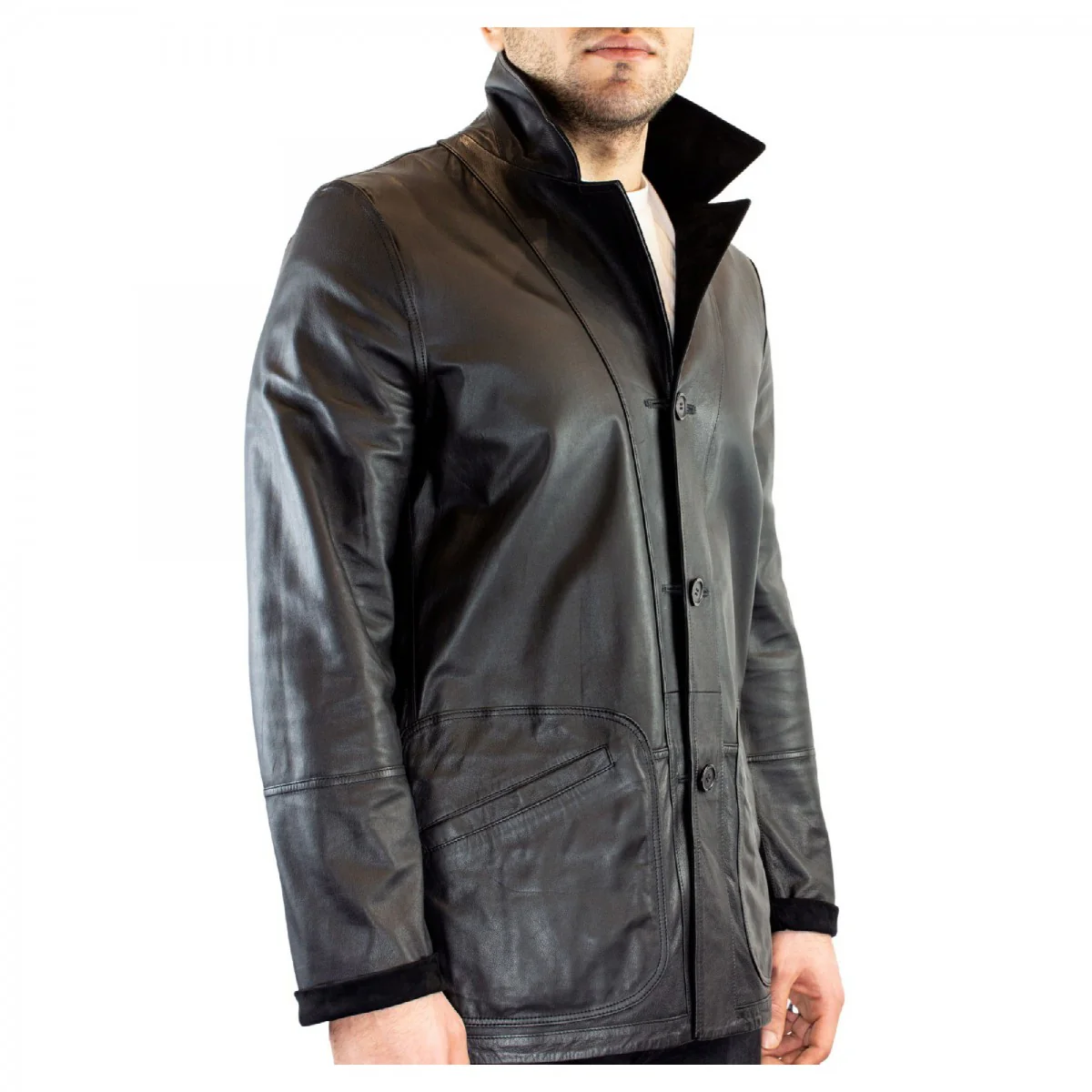 Giacca formale reversibile da uomo fatta a mano in pelle di renna e agnello nera - Image 4