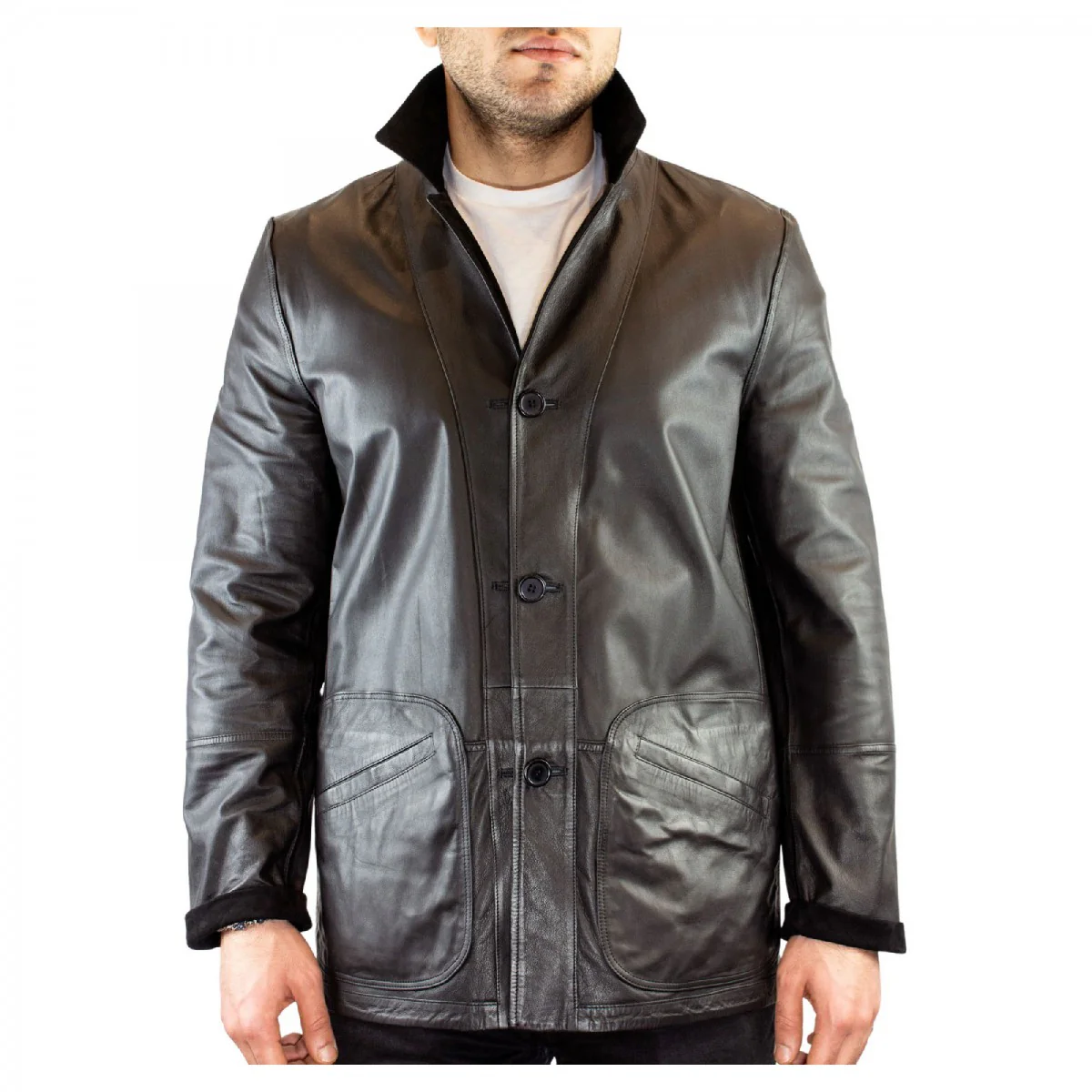 Giacca formale reversibile da uomo fatta a mano in pelle di renna e agnello nera - Image 5
