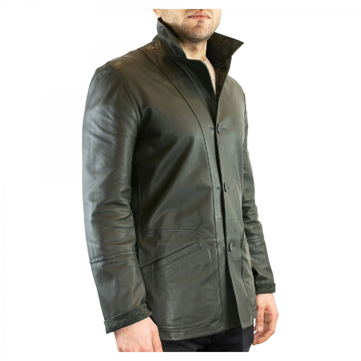 Giacca formale reversibile da uomo fatta a mano in pelle di renna e agnello verde - Image 4