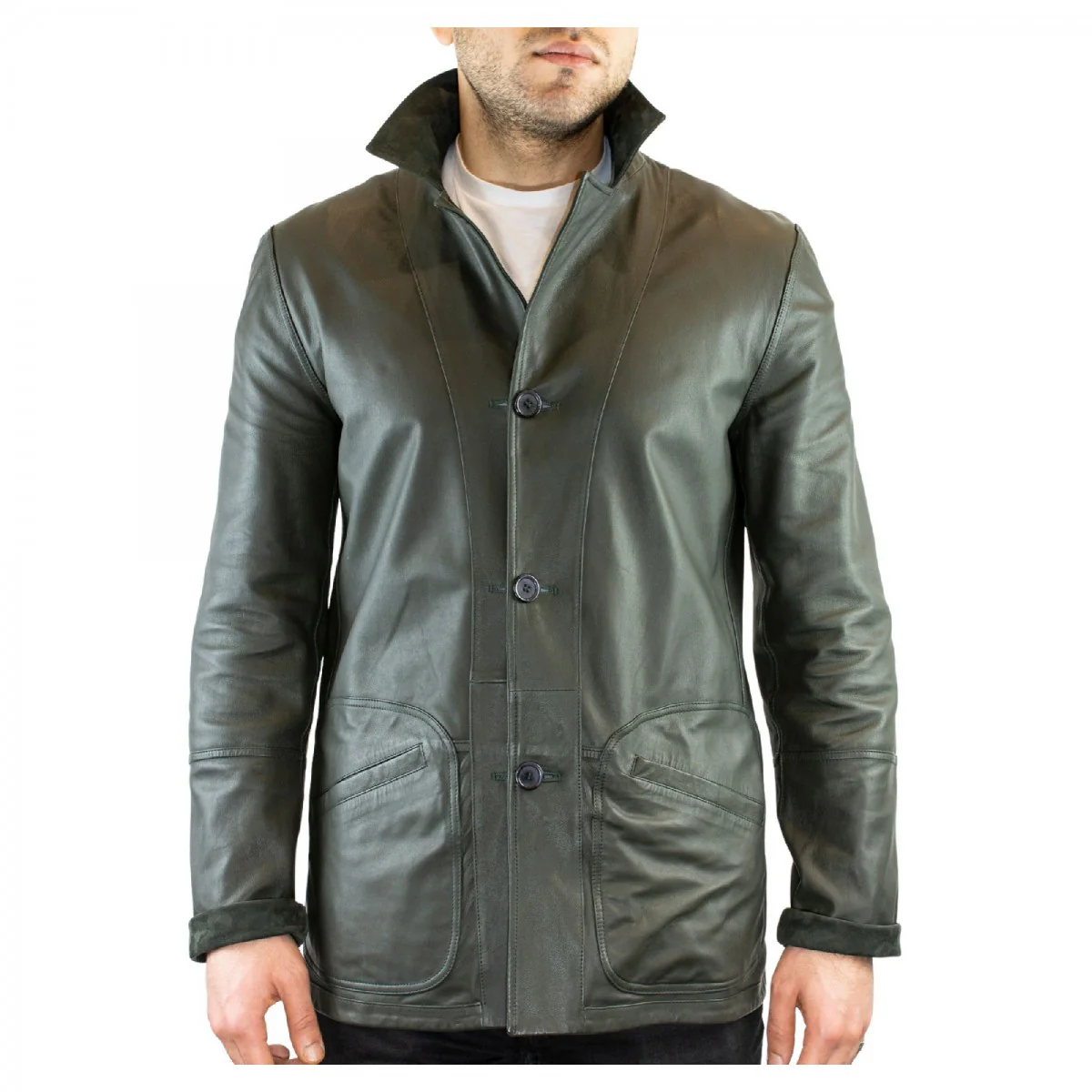 Giacca formale reversibile da uomo fatta a mano in pelle di renna e agnello verde - Image 5