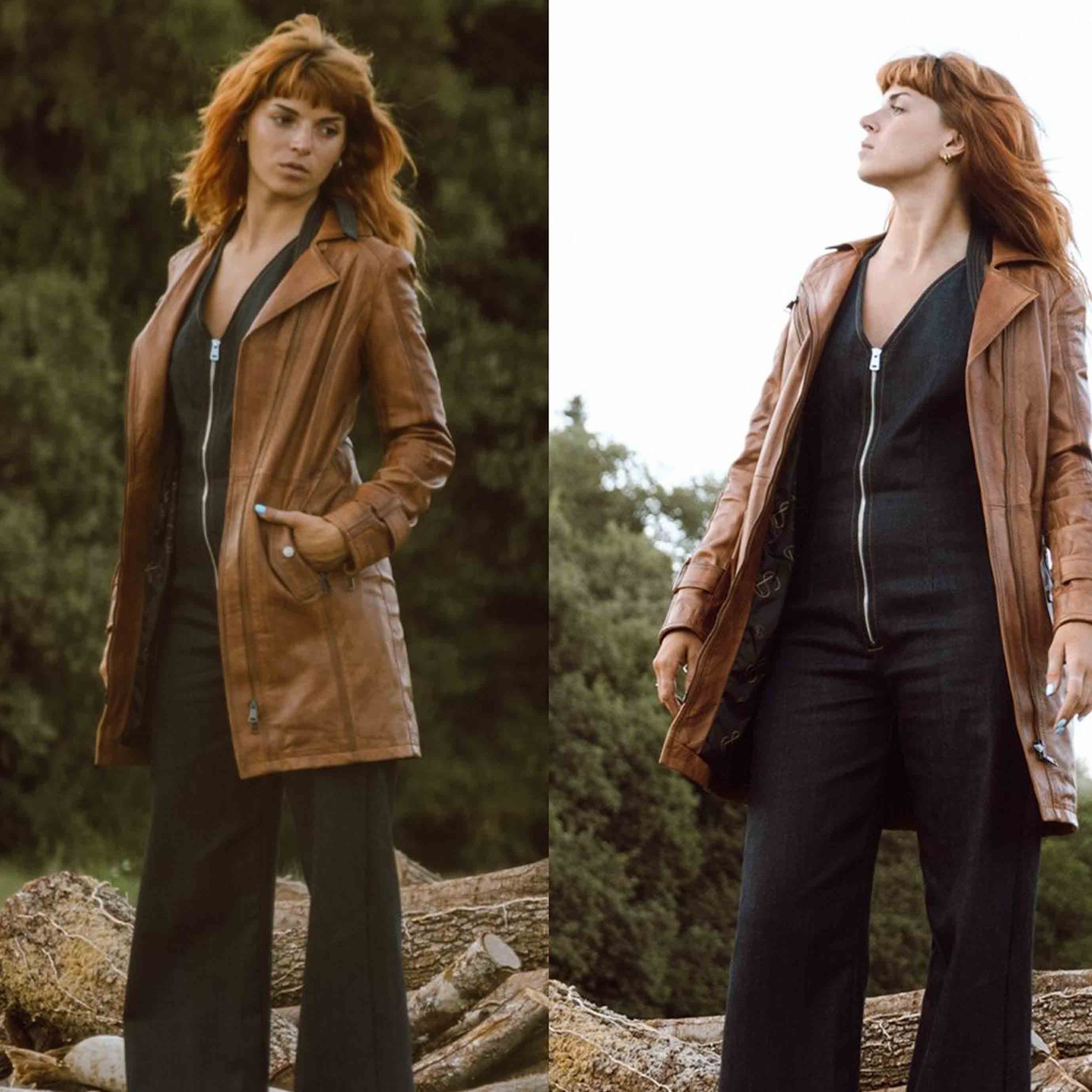 Giacca lunga da donna in pelle marrone - Image 2