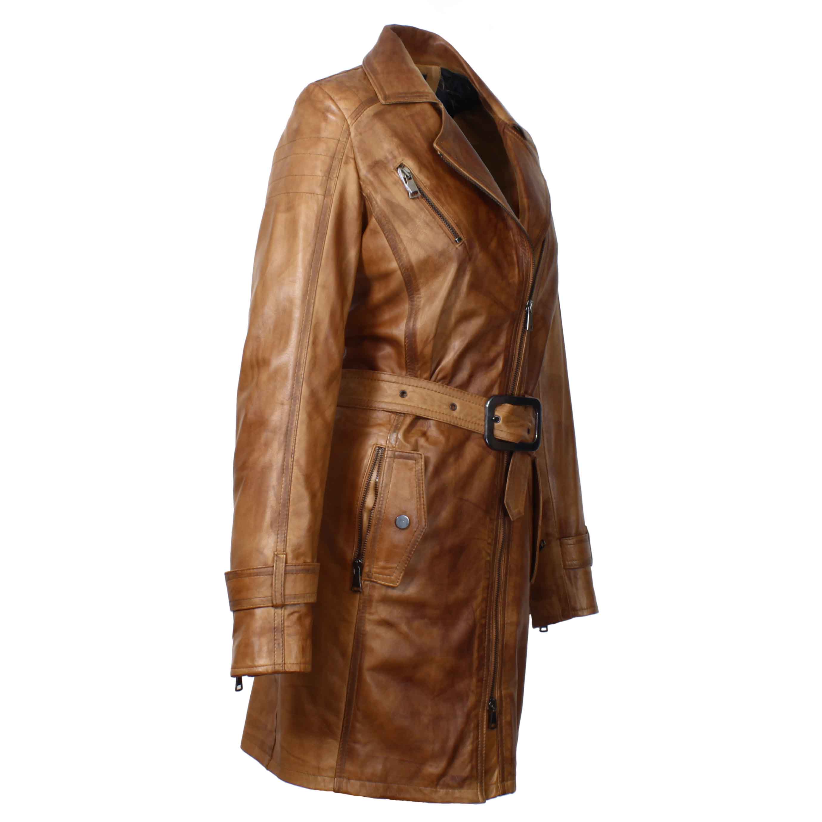 Giacca lunga da donna in pelle marrone - Image 3