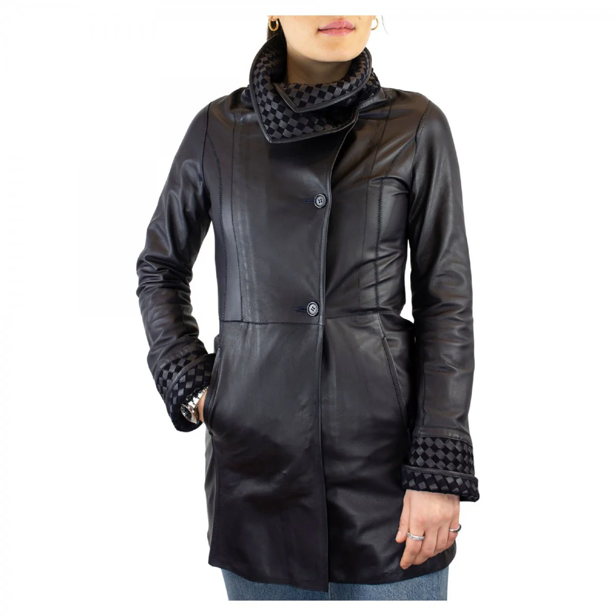 Giacca reversibile da donna fatta a mano in pelle di renna e agnello blu - Image 4