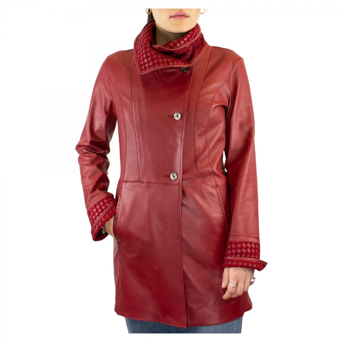 Giacca reversibile da donna fatta a mano in pelle di renna e agnello rosso - Image 6