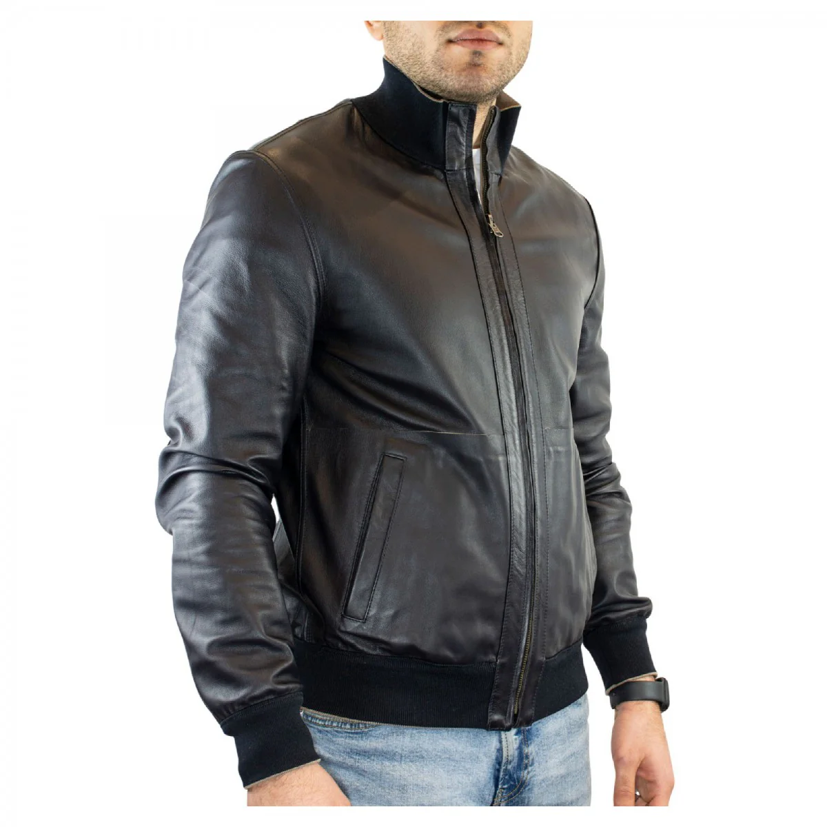 Giacca reversibile da uomo fatta a mano in pelle di renna e agnello taupe e blu - Image 4