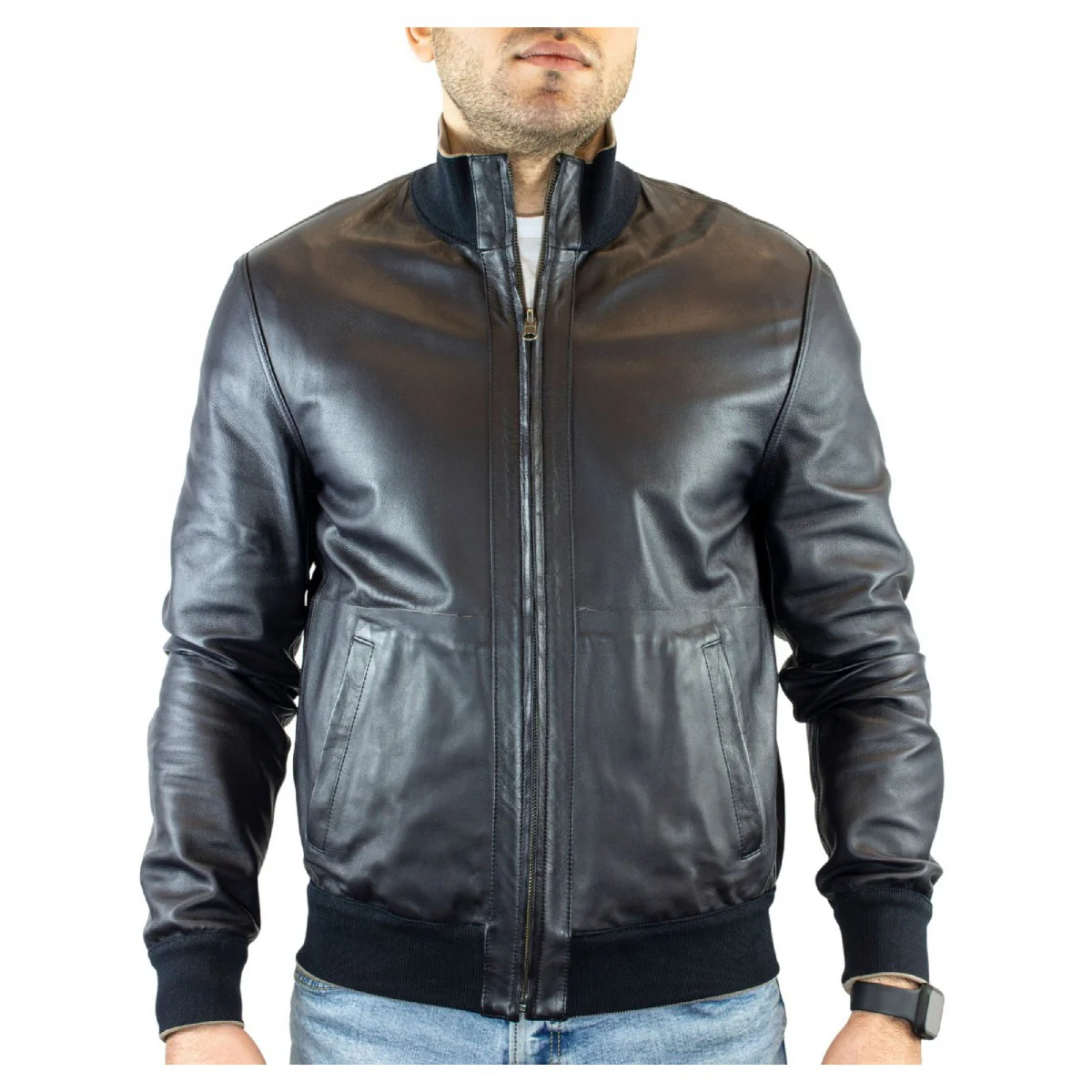 Giacca reversibile da uomo fatta a mano in pelle di renna e agnello taupe e blu - Image 5