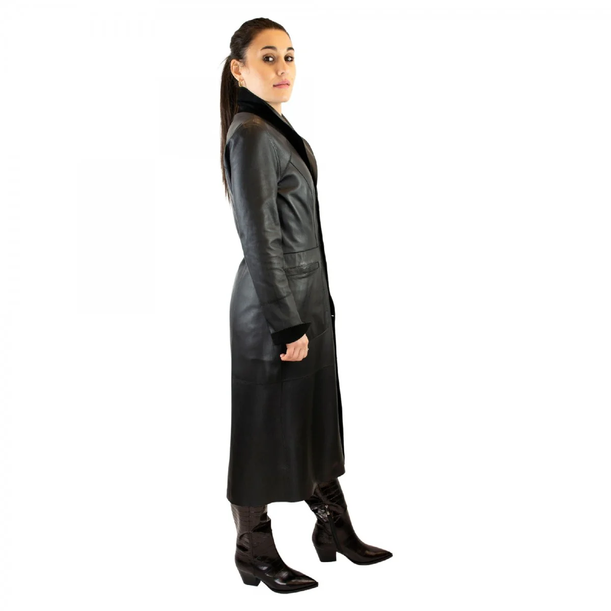 Giacca reversibile lunga elegante da donna fatta a mano in pelle nera con cintura - Image 3