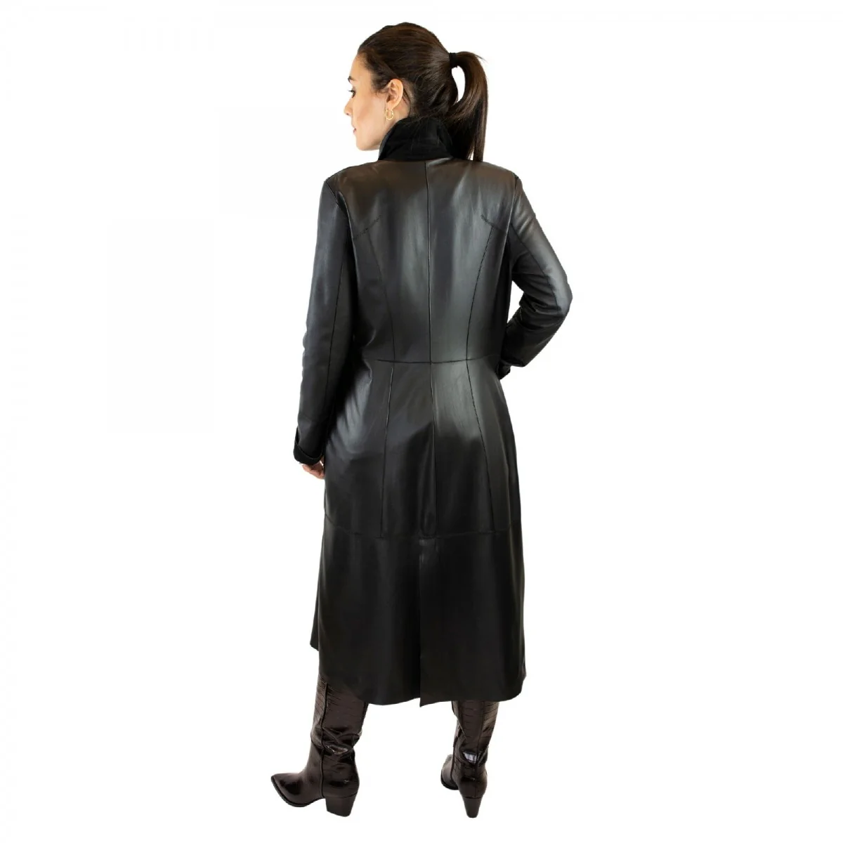 Giacca reversibile lunga elegante da donna fatta a mano in pelle nera con cintura - Image 6