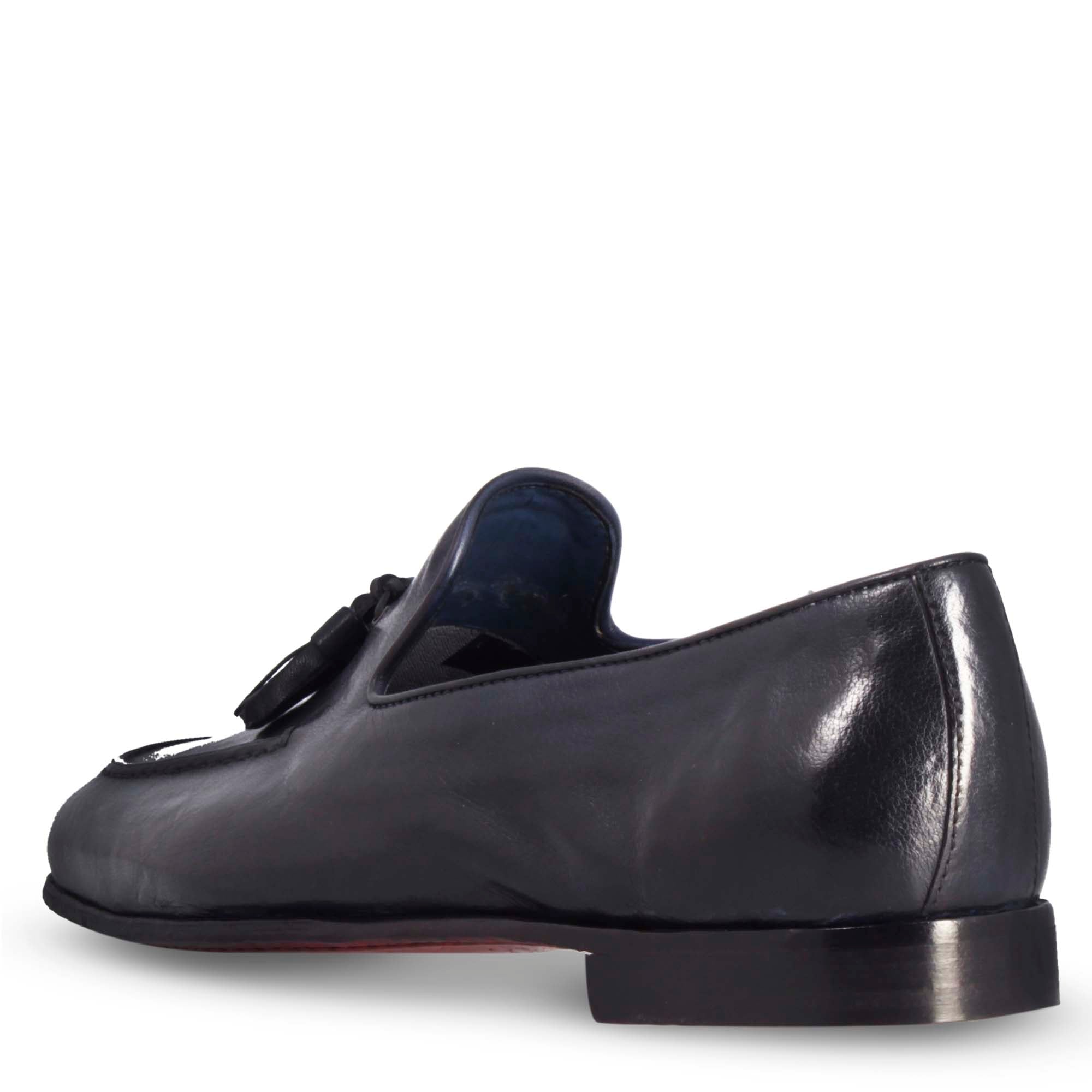 Mocassino blu da uomo artigianali in pelle con nappine - Image 4