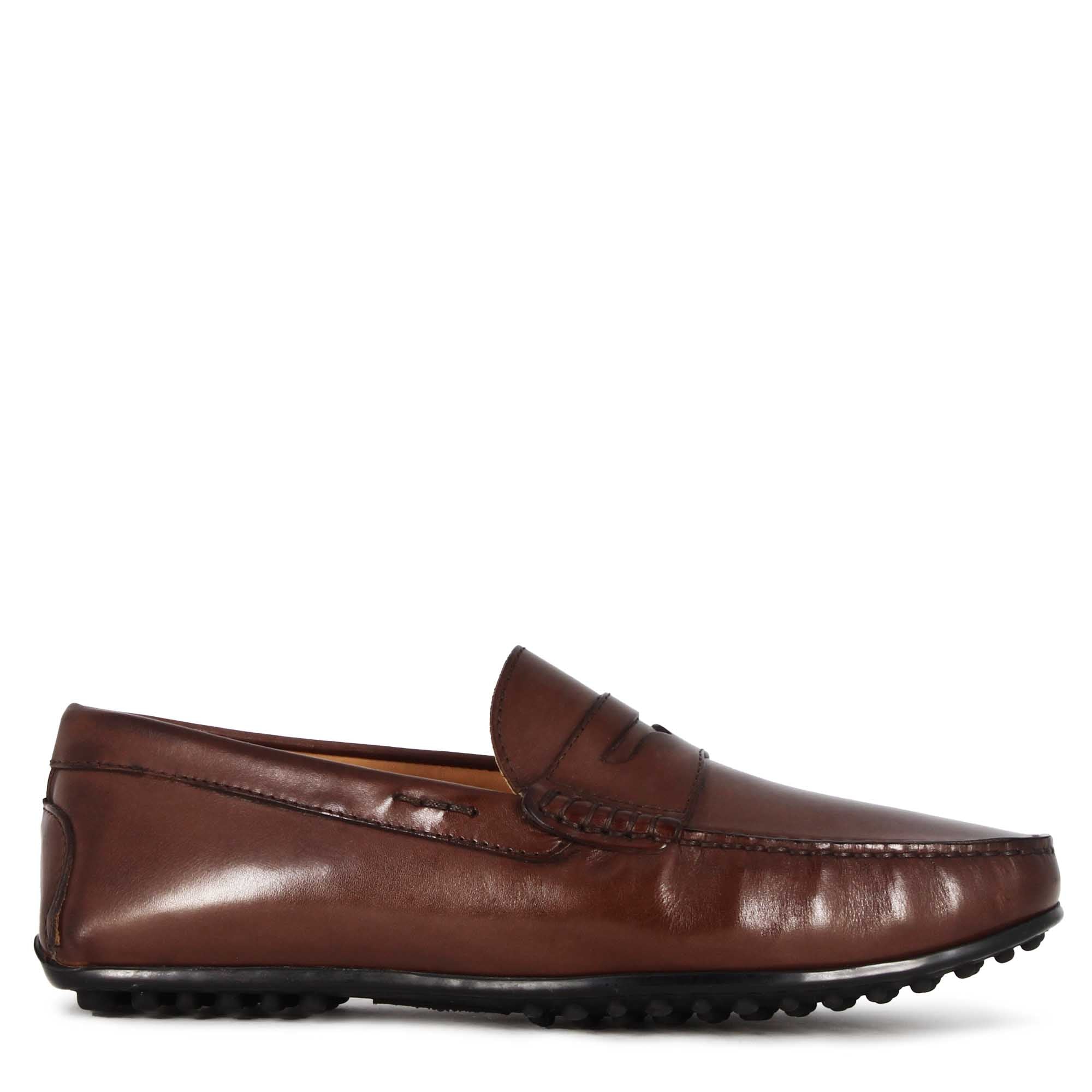 Mocassino casual da uomo in pelle colore marrone scuro con suola con gommini - Image 3