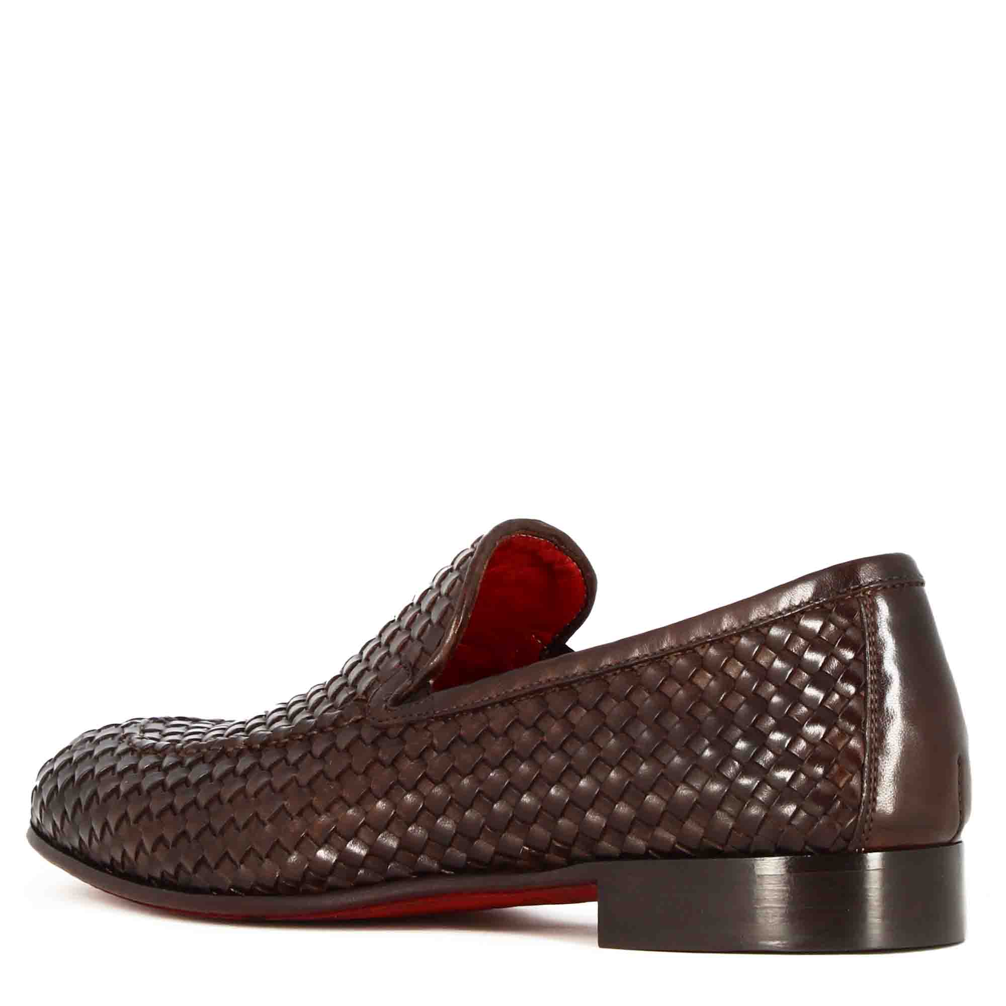 Mocassino classico da uomo in pelle intrecciata colore marrone scuro - Image 6