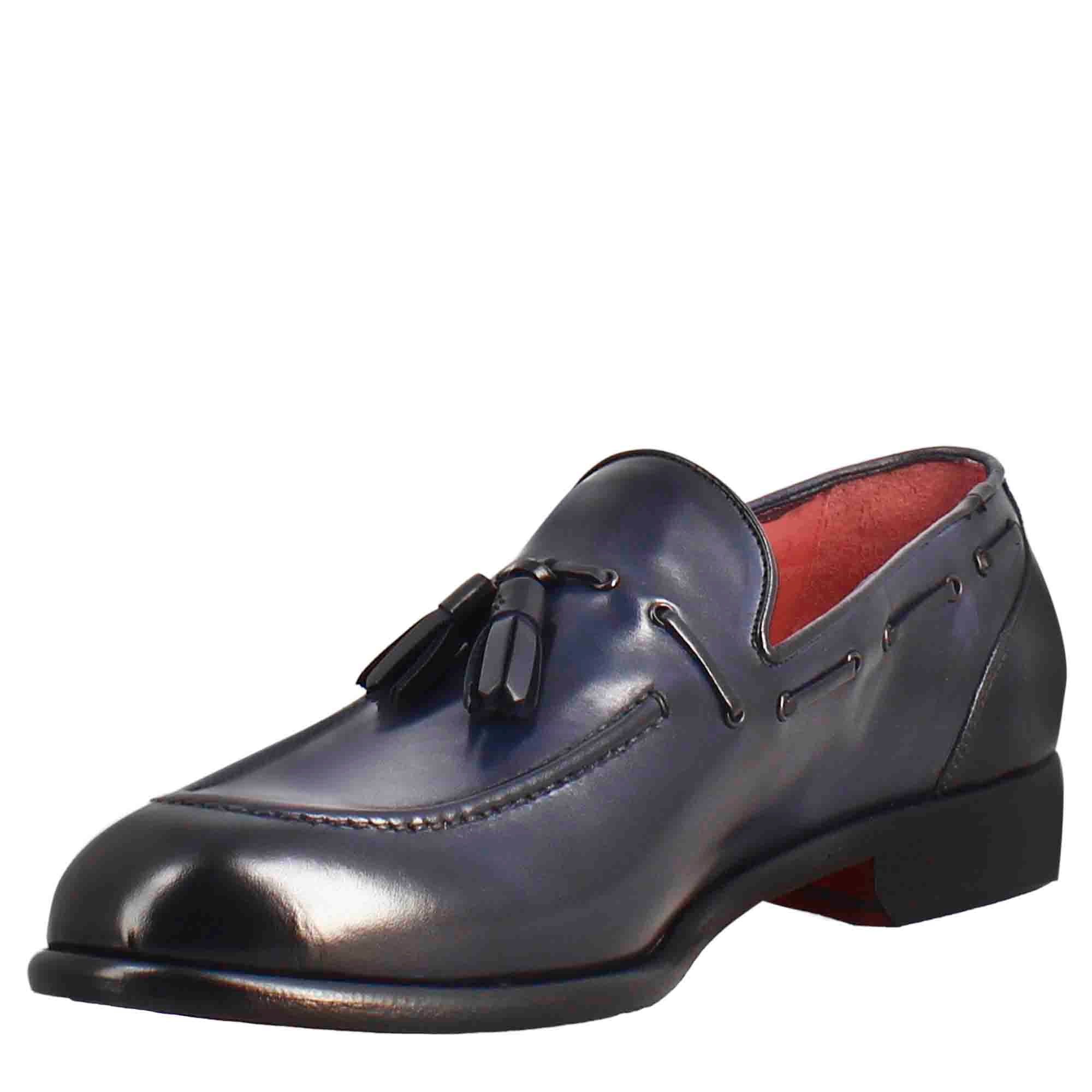 Mocassino con nappine da uomo in pelle colore blu scuro - Image 4