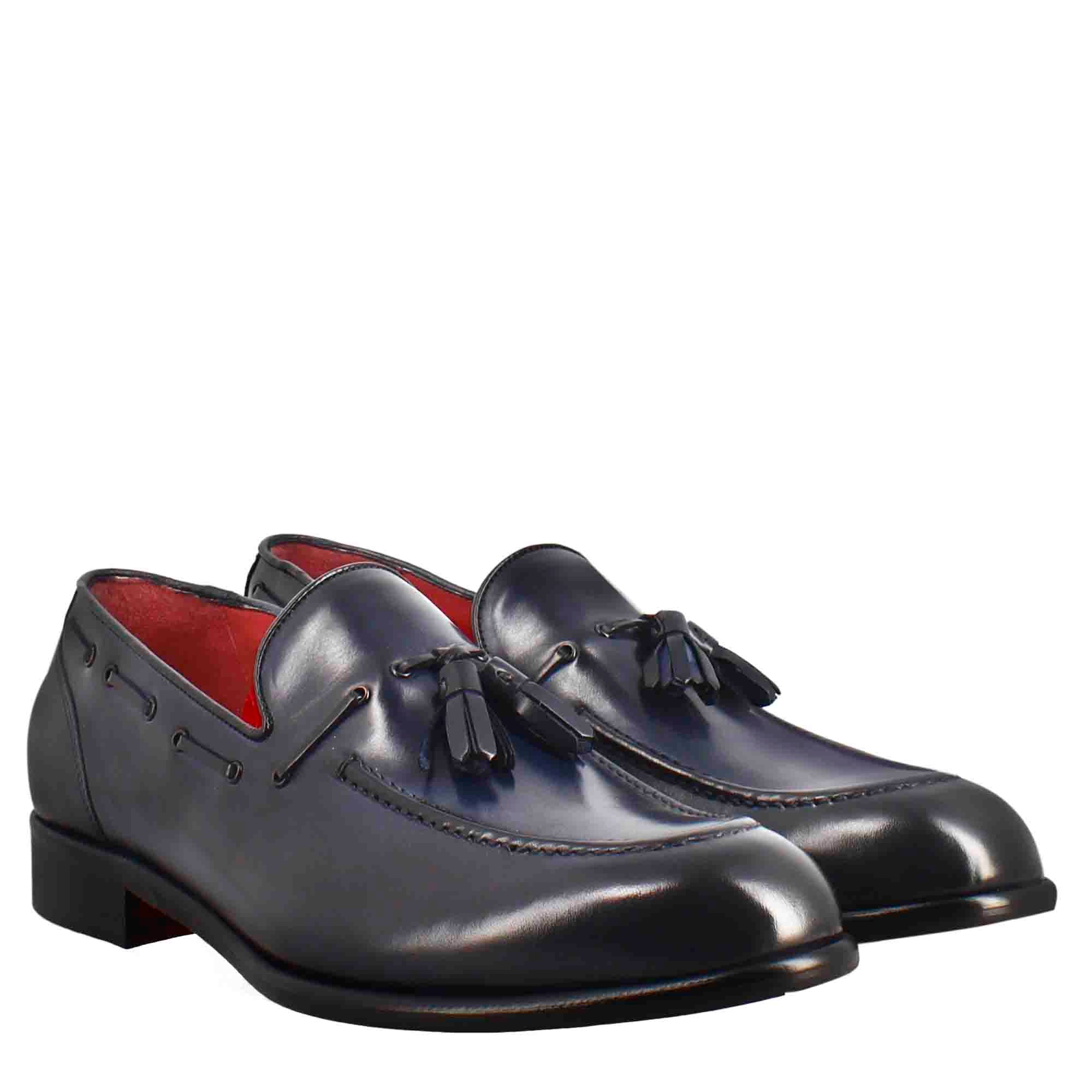 Mocassino con nappine da uomo in pelle colore blu scuro - Image 6