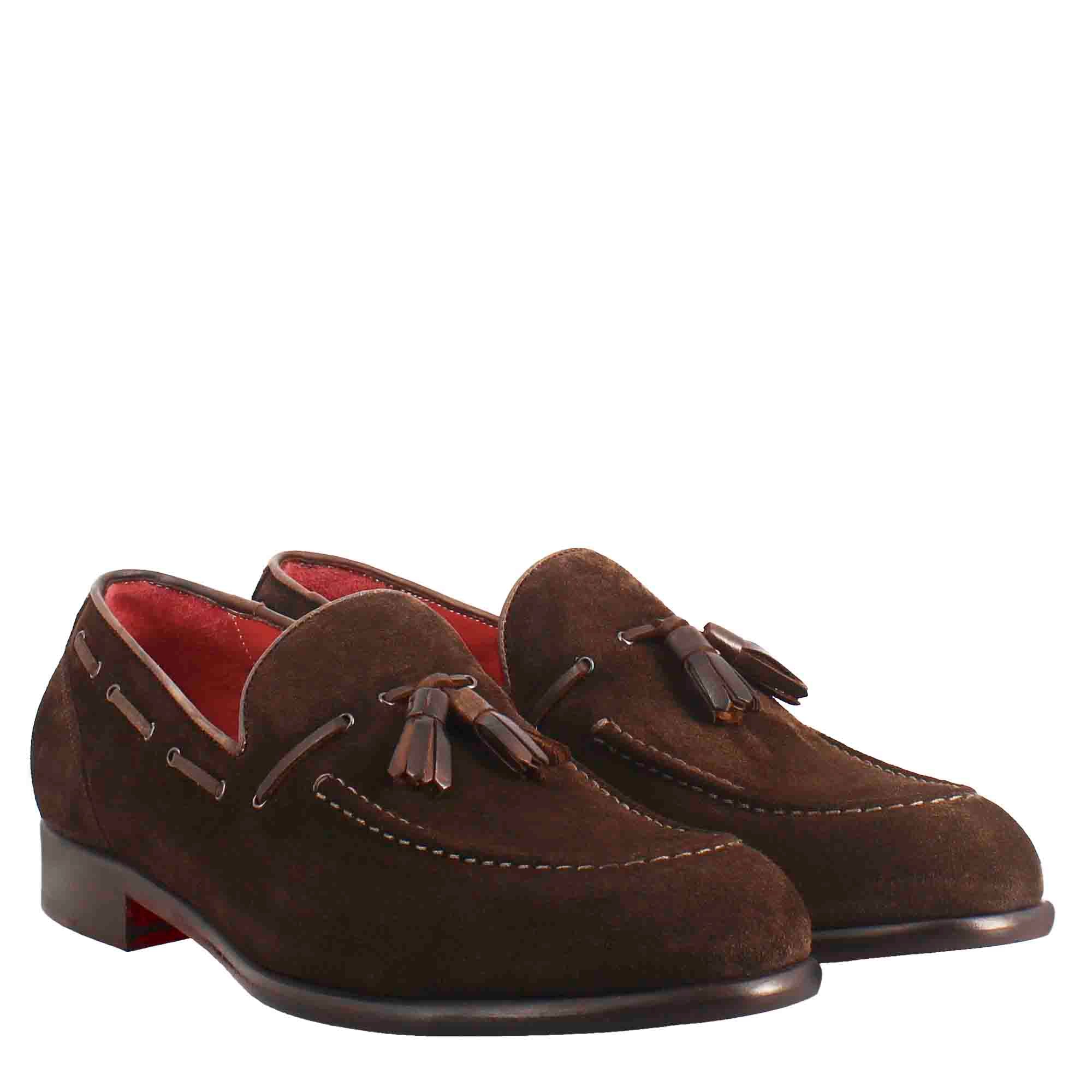 Mocassino con nappine da uomo in pelle scamosciata colore marrone scuro - Image 7
