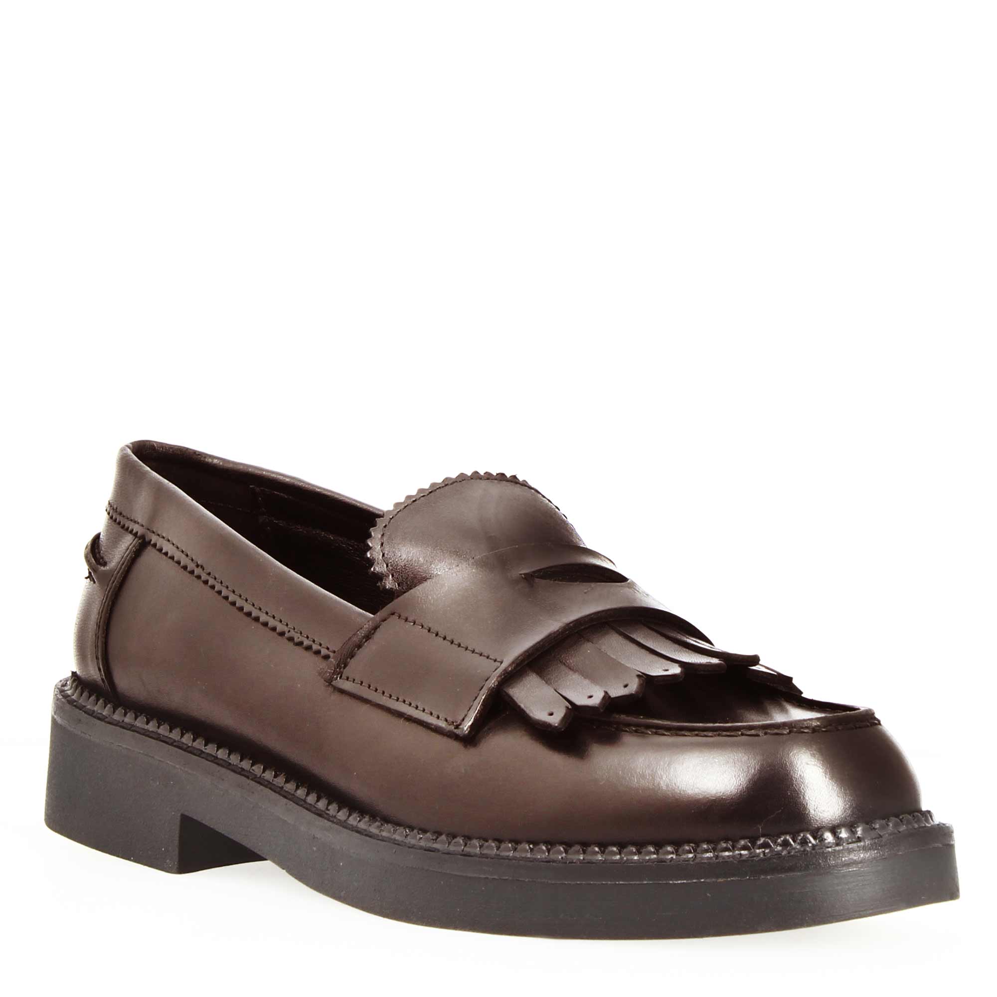 Mocassino da donna fondo robusto in pelle marrone scuro con frange