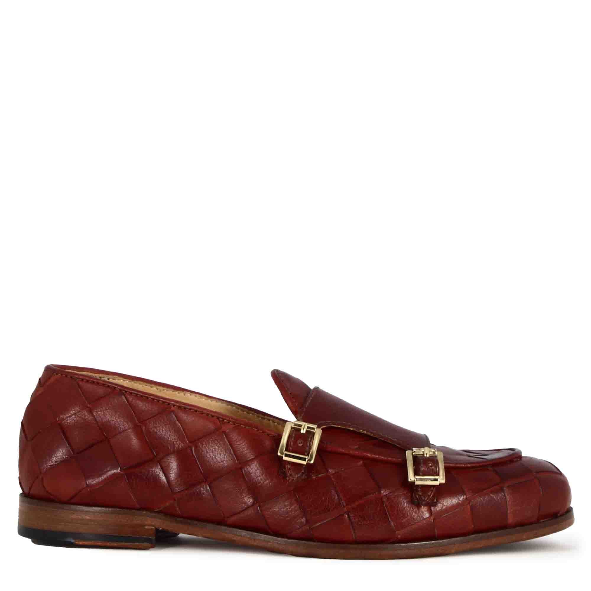 Mocassino da uomo in pelle intrecciata con doppia fibbia colore rosso - Image 4