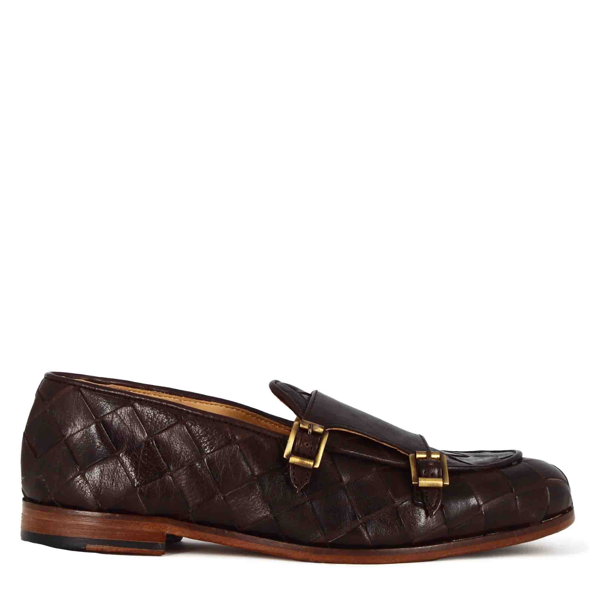 Mocassino marrone scuro con doppia fibbia dorata da uomo in pelle intrecciata - Image 4