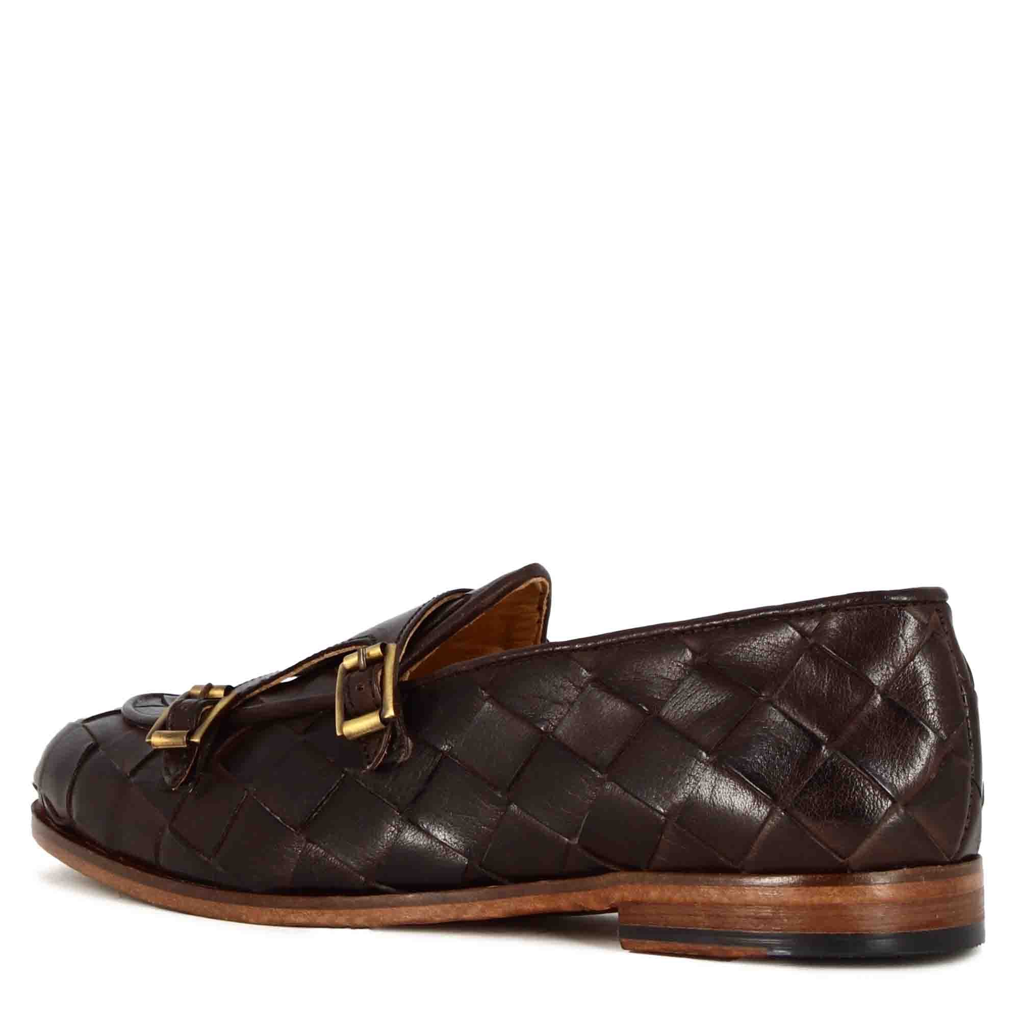 Mocassino marrone scuro con doppia fibbia dorata da uomo in pelle intrecciata - Image 5