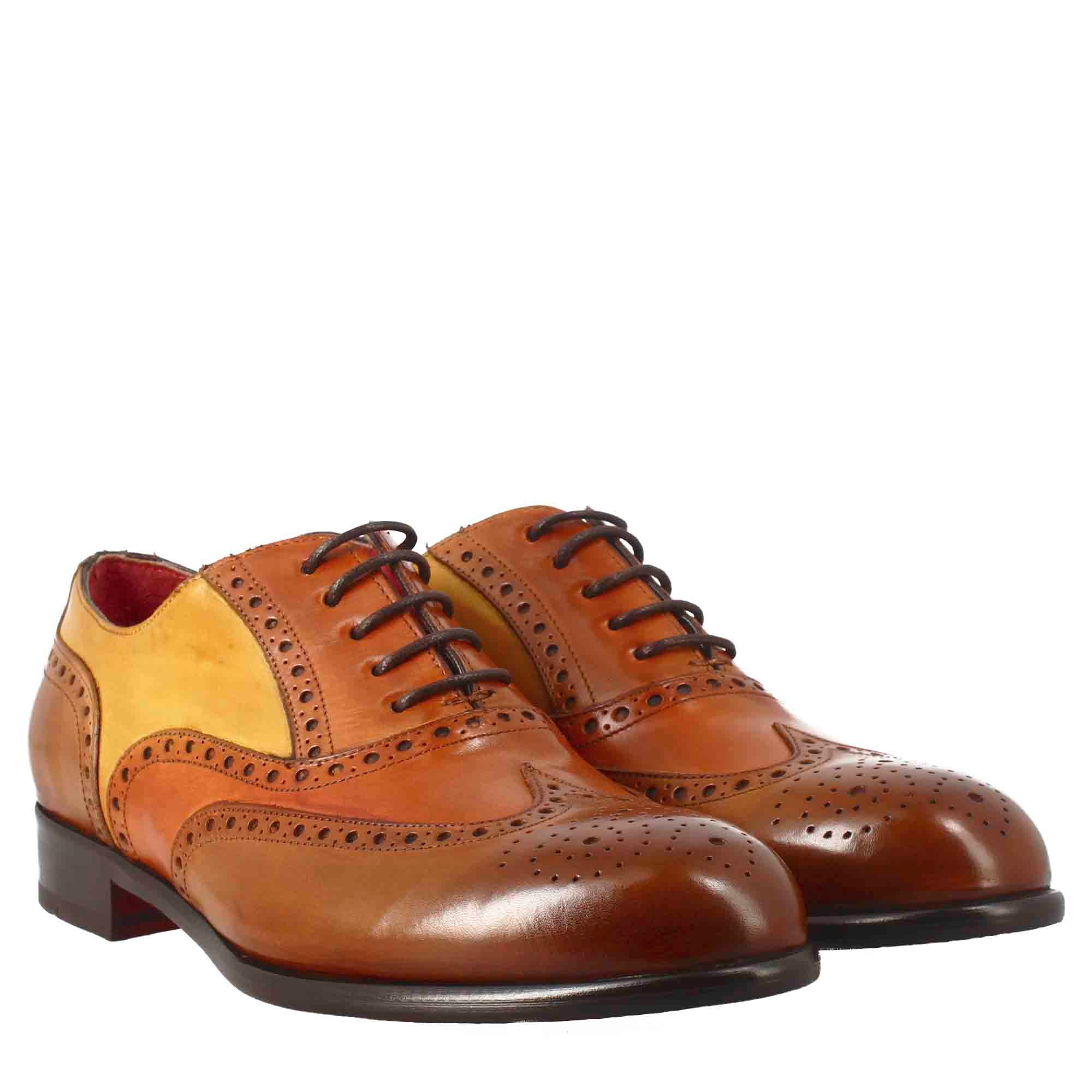 Oxford brogue marrone arancio e giallo elegante da uomo in pelle - Image 7