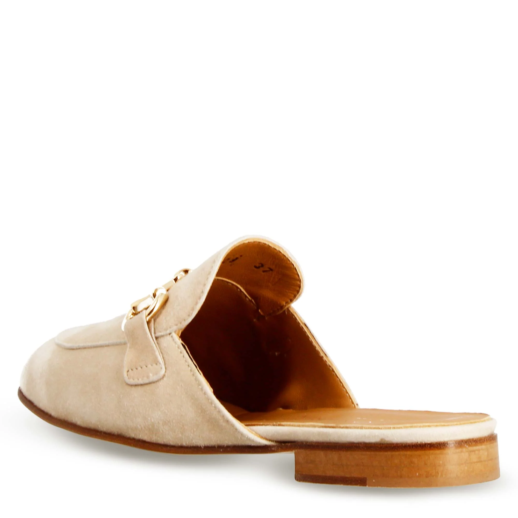 Sabot da donna in pelle scamosciata beige con fibbia oro - Image 4